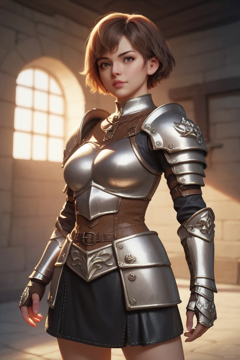modelshoot style, (extremely detailed CG unity 8k wallpaper), full shot body photo of the most beautiful artwork in the world, girl in medieval armor, professional majestic oil painting by Ed Blinkey, Atey Ghailan, Studio Ghibli, by Jeremy Mann, Greg Manchess, Antonio Moro, trending on ArtStation, trending on CGSociety, Intricate, High Detail, Sharp focus, dramatic, photorealistic painting art by midjourney and greg Rutkowski, dynamic pose, holding a beautiful gold engraved sword, close up, ((extremely short hair, undercut))