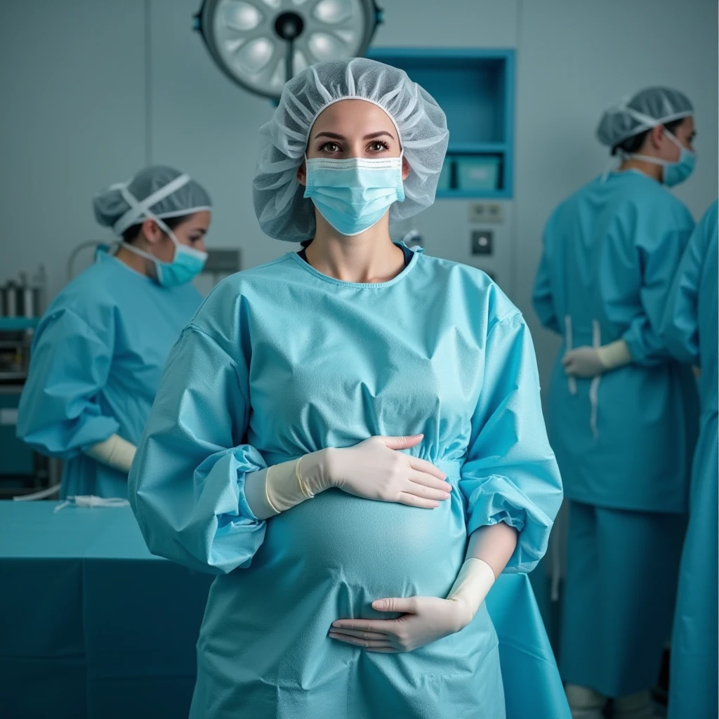 score_9, score_8_up, score_7_up, masterpiece, highest quality, kasuganoray, pale skin, shy eyes, cover the ears, big breasts, surgical mask, surgical cap, long sleeve maternity dress, seamless, tie a rope at the back,
1 girl, pregnant, solo, rubber gloves, frown, standing, in one hospital, hospital bed,