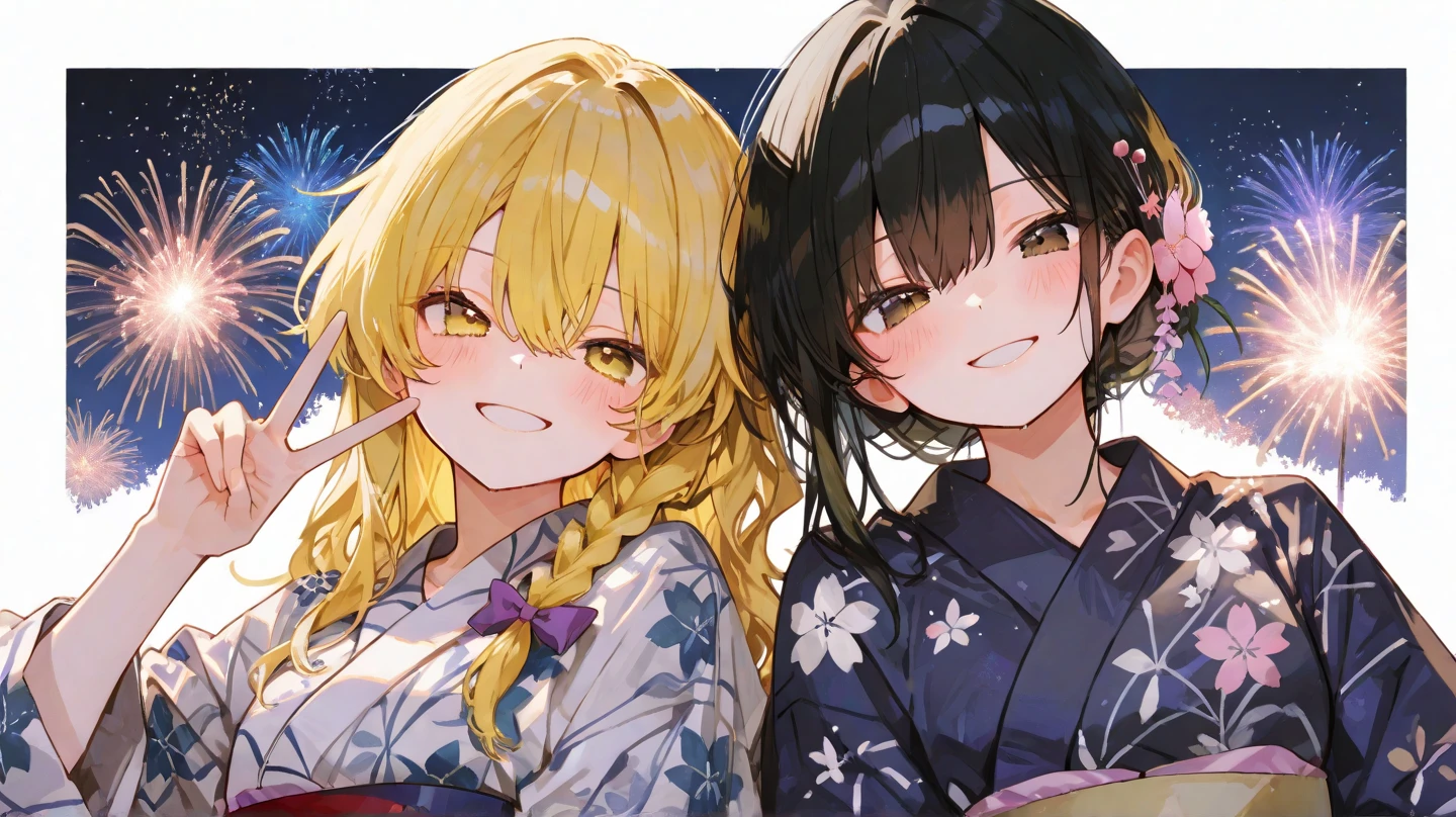2 girls、Touhou Project、Borneo、（ black hair color 、Cherry blossom yukata on a white background）、Kirisame Marisa、（ golden hair color、A yukata with a star mark in black）、background、（ fireworks are rising ）、Night Sky、(top quality, masterpiece, super detailed, high resolution)、 smiling cutely 、It's showing the peace sign