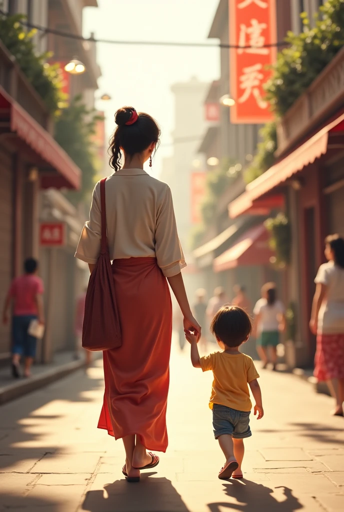 A BLIND girl walking down the street with her mother