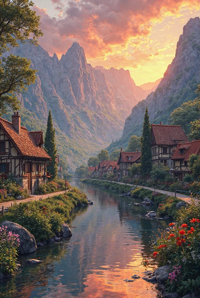 a small village by the river, mountains in the background, floral flowers colorful, detailed landscape, Beautiful natural landscapes, atmospheric lighting, scorching sunset, warm colours, practical, photopractical, Detailed Foliage, complex buildings, cobblestone street, Charming country house, swirly vibrant colors, lush vegetation, Still water reflections, Picturesque, idyllic, work of art, best qualityer, 8k, extremely detaild,anime styling