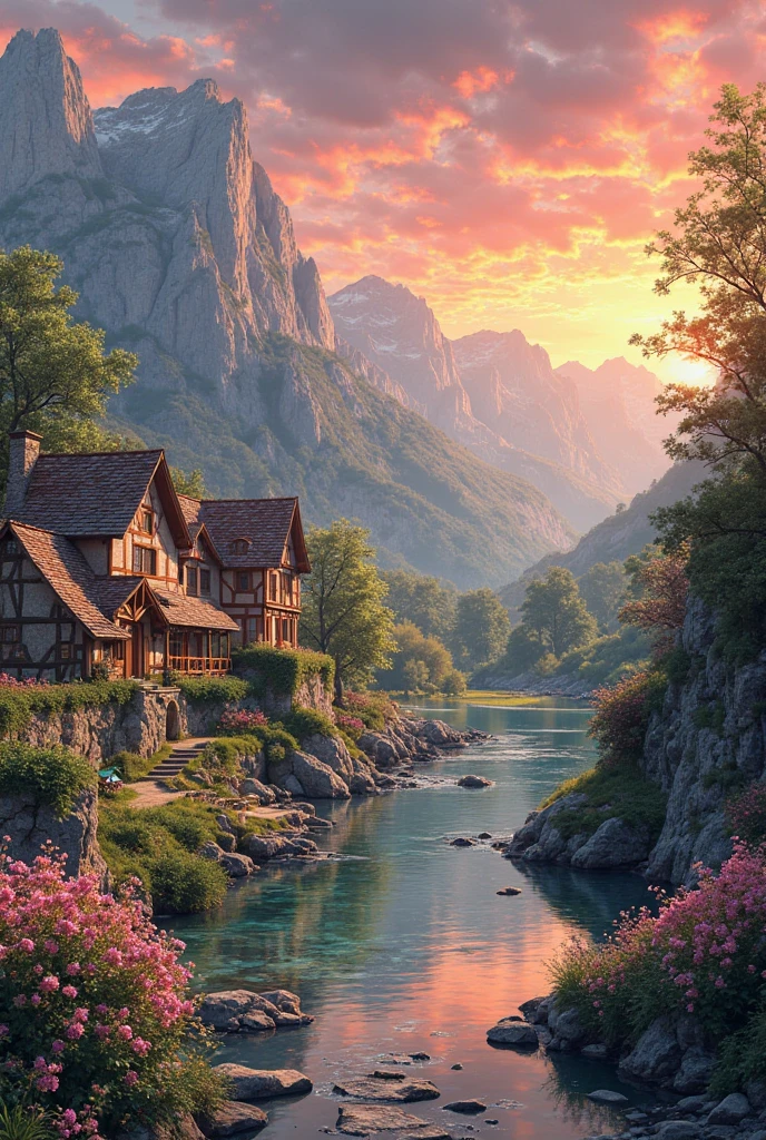 a small village by the river, mountains in the background, floral flowers colorful, detailed landscape, Beautiful natural landscapes, atmospheric lighting, scorching sunset, warm colours, practical, photopractical, Detailed Foliage, complex buildings, cobblestone street, Charming country house, swirly vibrant colors, lush vegetation, Still water reflections, Picturesque, idyllic, work of art, best qualityer, 8k, extremely detaild,anime styling