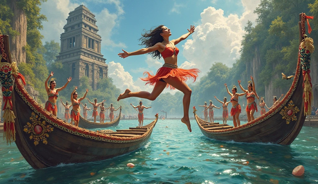 a painting of a woman is jumping over a boat with other people, submerged temple dance scene, from perahu, artistic depiction, indonesia culture
