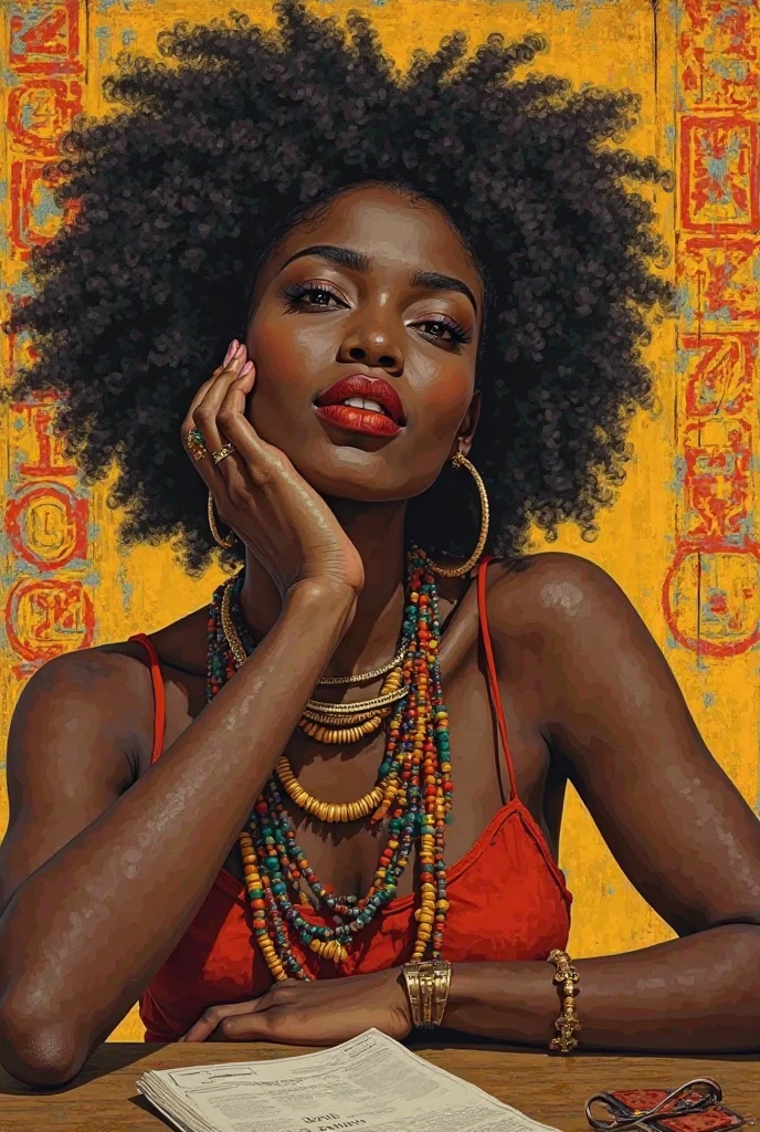 A bold, clear portrait of an African Yonge women, her hand resting on her jaw beside a table. Her eyes reflect dreams of the future, while her background is painted with symbols of the ancient Sabian language African , blending heritage and hope.

