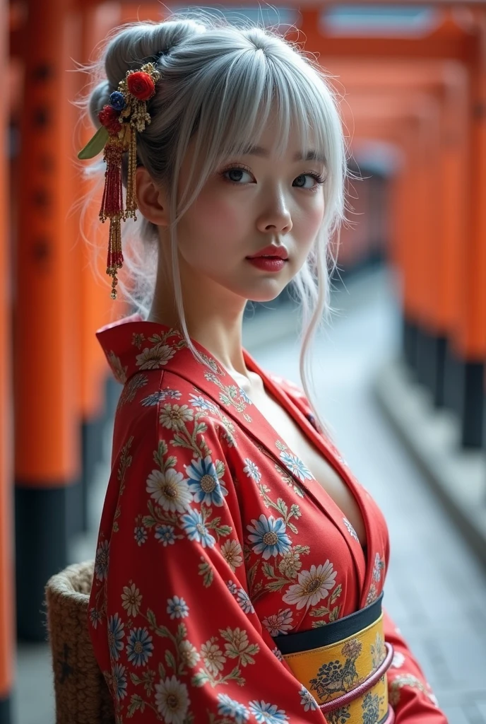 Slender 20 year old woman、wearing a beautiful kimono with the chest slightly open。

 hair color is silver hair、bewitching atmosphere、A seductive look。

The background is Yozakura and Tsukiya、a shrine with a large torii gate。
高解像度, 長い髪, 最高品質, 胸, 

@リアルな写真の画像作成