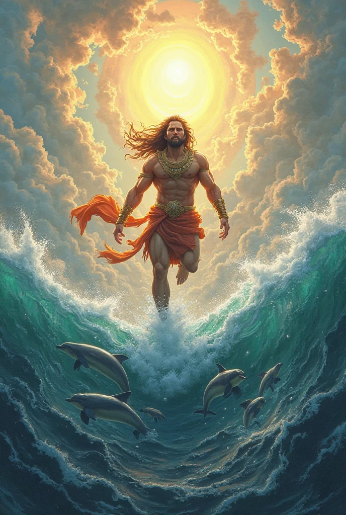 Hanuman's Leap Across the Ocean"**: A dynamic scene showing Hanuman mid-air, leaping over the vast ocean to reach Lanka. His form is powerful and determined, with his tail trailing behind him and his gaze focused forward. The waves crash below, and the sky is filled with dramatic clouds, emphasizing the epic nature of his leap