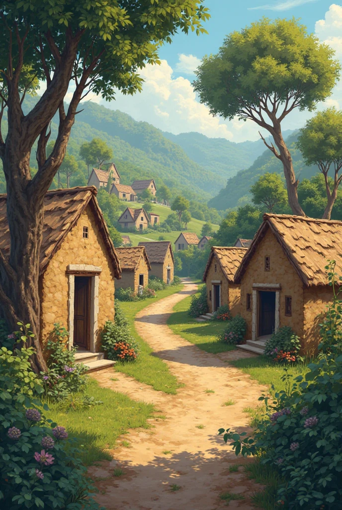 Village seen of Olden days which has mud houses and trees and mud roats