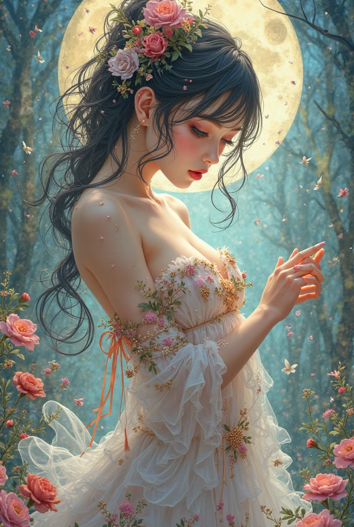 A beautiful woman crying, flowers all around, sitting in the universe, cosmos , among galaxies , stars , sad , detailed beautiful face , flowers of hair ,