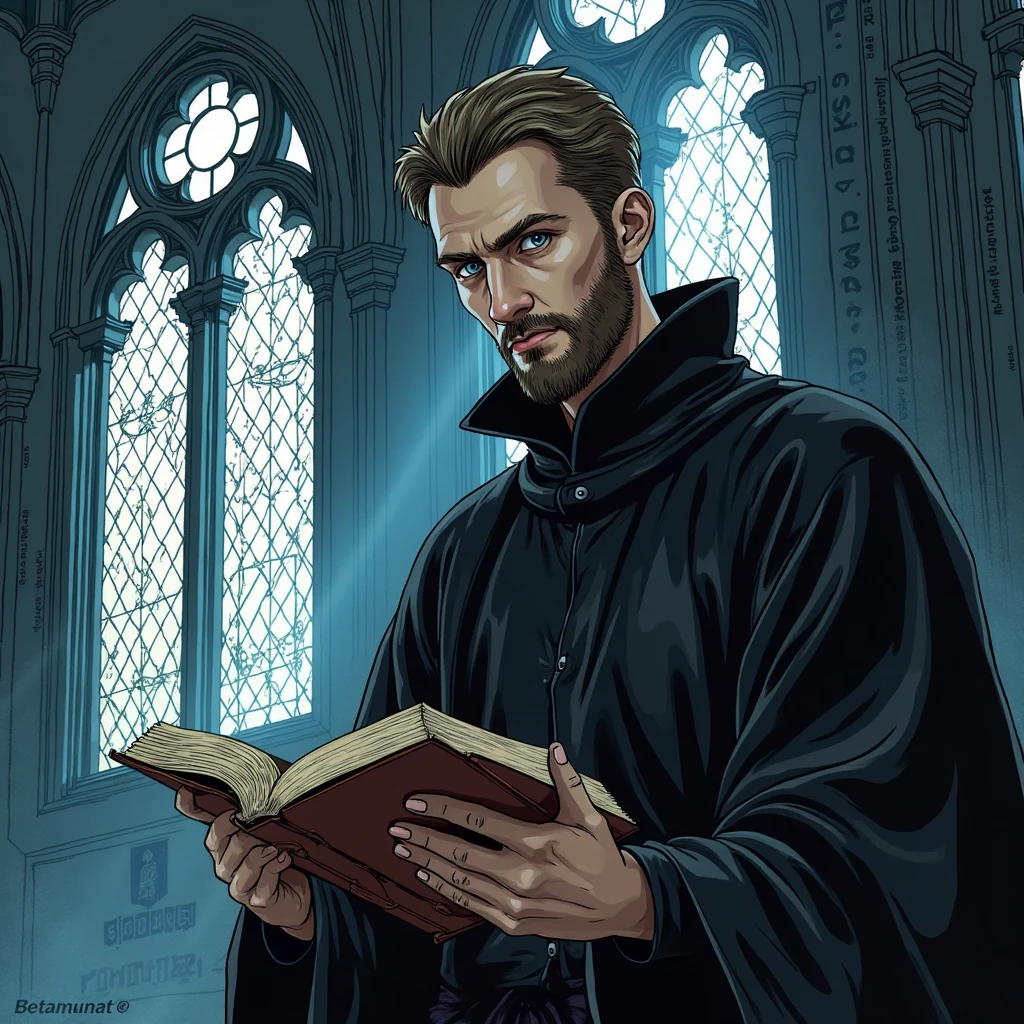 "Manga portrait of John Calvin, French, 35 anos, slender and angular face, well-trimmed short beard, intense blue-gray eyes. Wearing a 16th century theologian's black gibbon, holding an open Bible in one hand and Too bad to write in the other. Ao fundo, the Gothic style of Saint Peter's Cathedral. Lines of Latin text float around: *'Post Tenebras Lux'*. Realistic stroke style with dramatic shadows, tons frios (blues and grays), contrasting lighting coming from a stained glass window. serious expression, almost severe , but with a visionary look."  
 