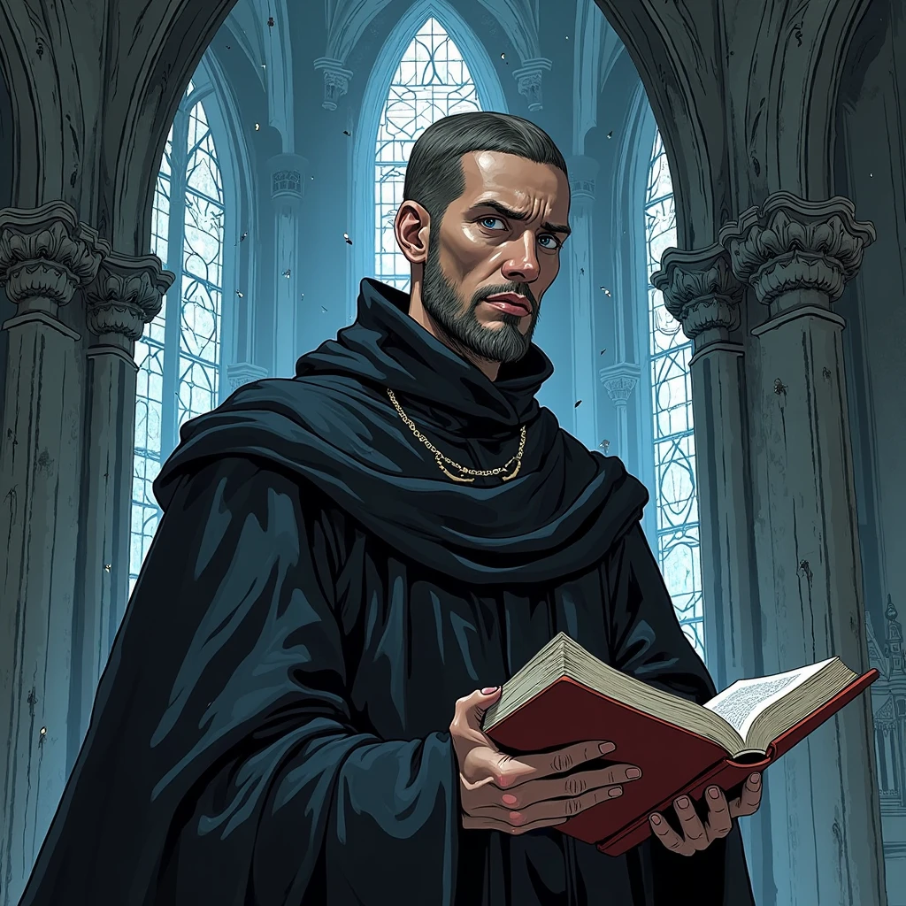 "Manga portrait of John Calvin, French, 35 anos, slender and angular face, well-trimmed short beard, intense blue-gray eyes. Wearing a 16th century theologian's black gibbon, holding an open Bible in one hand and Too bad to write in the other. Ao fundo, the Gothic style of Saint Peter's Cathedral. Lines of Latin text float around: *'Post Tenebras Lux'*. Realistic stroke style with dramatic shadows, tons frios (blues and grays), contrasting lighting coming from a stained glass window. serious expression, almost severe , but with a visionary look."  
 