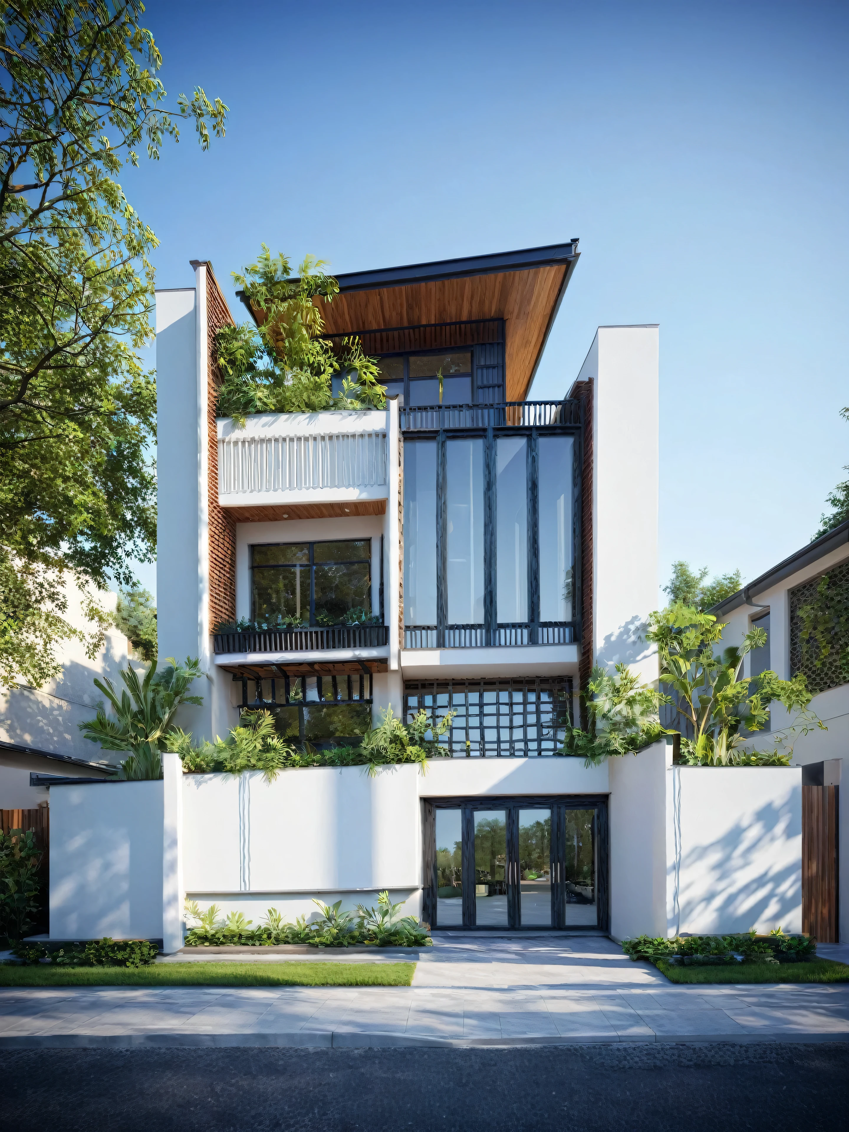 (modern villa facade design), (modern villa exterior design), (white wall), (designer facade lighting), (sunrise sunlight environment:1.2), (exterior night light design), (architectural style image), xingfa window, vehicles, pedestrians \n, bustling street, (Neutral lighting suitable for modern villa, light color thermometer ), (visual visualization architectural design), (reflection), (object focus), (material normal bump real reflection), ( Scattered light ), (light beam), ( multi-beam light ), ( landscape ) (multi-level reflection), (Chaos Vantage software visualization render),(((best quality))), ((masterpiece)), ((best illustration)), ((best ball)), ((super detail)), (intricate lines), (surreal),( photos ), (( archdaily )), ((award-winning design)), ( dynamic lighting ), ((day)), spotlight, (ánh sáng perfect), (Sparkling light), ((surreal)), (( fine detail )), ((extreme detail)), ((crazy detail)), ((octane render)), ((trending on ArtStation)), (( backlight )), ((Viwvid )), ((crisp)), ((bright light )), (( gorgeous )), (( eye-catching )), ((standard)),(( sharp ))((bright light )), (( gorgeous )), ((natural sunlight environment)), (( eye-catching )), ((illuminating)), ((perfect)), ((standard)),(( sharp edge render)), (( light medium light )), ((Render photos)), ((Architectural detail description)), (( realistic environment )), (modern townhouse facade architectural design), (modern townhouse roof design), (modern townhouse facade wall design), (modern townhouse facade decoration materials design) (modern townhouse facade window and door design), (environmental lighting design), (modern townhouse facade lighting design), (front gate design and modern townhouse fence), (tree decoration design for face townhouse front), ( Lamp design for gate posts and fences ), (townhouse facade railing design), ( degree