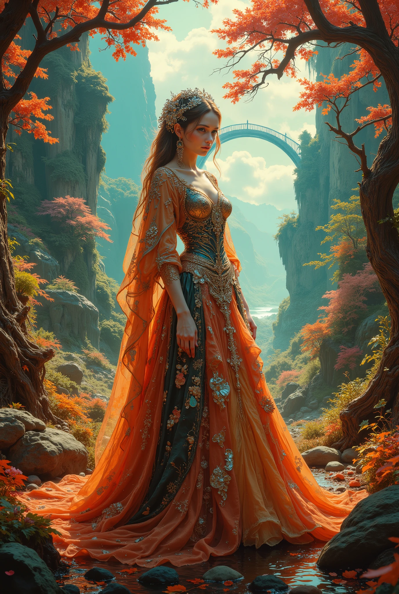 8k photorealistic fantasy artwork, a breathtakingly beautiful young woman of Slavic ethnicity, aged 20-25, with long, flowing auburn hair cascading down her back, adorned with intricate silver filigree headpieces. Her pose is graceful, a slight arabesque, one hand gently resting on a shimmering orange and black multi-layered gown, the fabric richly textured, appearing almost weightless. The dress features multiple layers of sheer, translucent orange organza over a darker black underdress, creating a sunburst effect. Her makeup is subtly luminous, featuring soft peach blushes and shimmering gold eyeshadow, enhancing her striking features—high cheekbones, full lips, and captivating emerald green eyes. She stands amidst a vibrant, magical valley, bathed in soft, ethereal light. A rainbow bridge arches majestically across the sky, connecting distant, mystical peaks. The trees are rendered with photorealistic detail, their leaves shimmering with an iridescent blend of deep violet, black, and emerald green. Fluffy, highly detailed clouds drift across a sky painted in hues of rose, gold, and deep blue. The scene is rich with volumetric lighting, showcasing detailed ray tracing effects. The overall mood is magical and dreamy, tinged with a sense of wonder and serenity. The style evokes a blend of classical fantasy art and hyperrealism, emphasizing intricate detail and vibrant color saturation. The perspective is slightly elevated, offering a full view of the woman and the expansive landscape. The camera lens is a wide angle, enhancing the grandeur of the scene.
