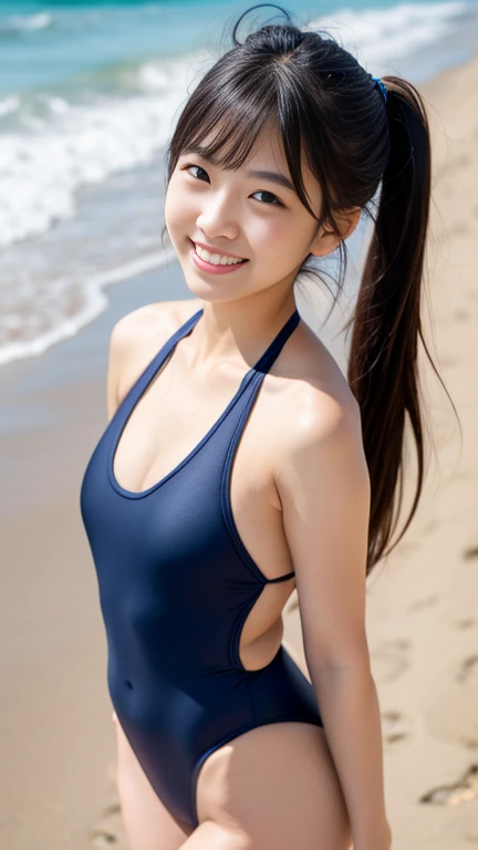 (Highest quality, 8k, 32K, masterpiece, Ultra-high resolution: 1.2), Very cute Japanese women photos, (Navy blue one piece school swimsuit) ,The shoreline of a wide sandy beach,((Kai is so happy that she is jumping with all her might.)),18-year-old,Healthy and healthy