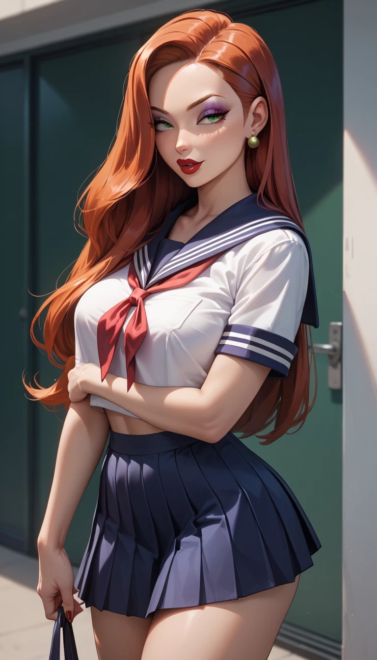 Protrait, photography, art by Anna Razumovskaya, upper half body, underboobs, beautiful baby girl face ,ginger, petite, cute face, oval jaw, delicate features, beautiful face, bright blue eyes, Anna Dittmann art, a medium breast, sensual look, school uniform