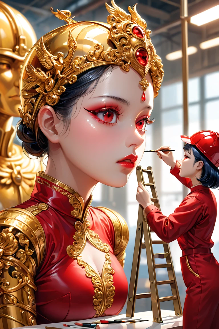 The model's shiny, largely enlarged surreal side shot of the blue right eye, completely smooth and bold. Miniature workers in deep red uniforms and golden helmets care for each eyelash. One uses a ladder to carefully draw eyelines and eyeshadows, the other is operated by operating a crane and adjusting the upper eyelids, and the other is improved with a small brush. The gorgeous "Diviabajaj" eye drop tubes lined with golden sculptures are located next to workers inspecting the brand. Soft golden lighting accentuates the scene, blurry background strengthens the focus on the lips, please do the detailed work I do it