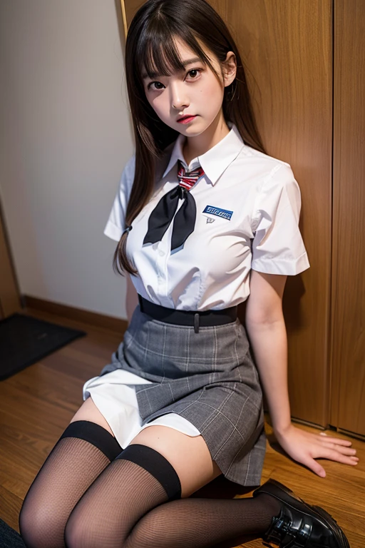 ulzzang-6500-v1.1, (Raw photo:1.2), (Photoreal), (See-through:1.3), (genuine:1.4), Arafa asian woman in uniform sitting on bed, cute high school girl, a hyperreal high school girl, dressed like a high school girl, hyperreal high school girl, real high school girl, japanese girl uniform, japanese , Young beautiful girl gravure idol, seifuku, wearing Japanese , of posing, (super realistic stockings:1.3), (skirt lift:1.7),