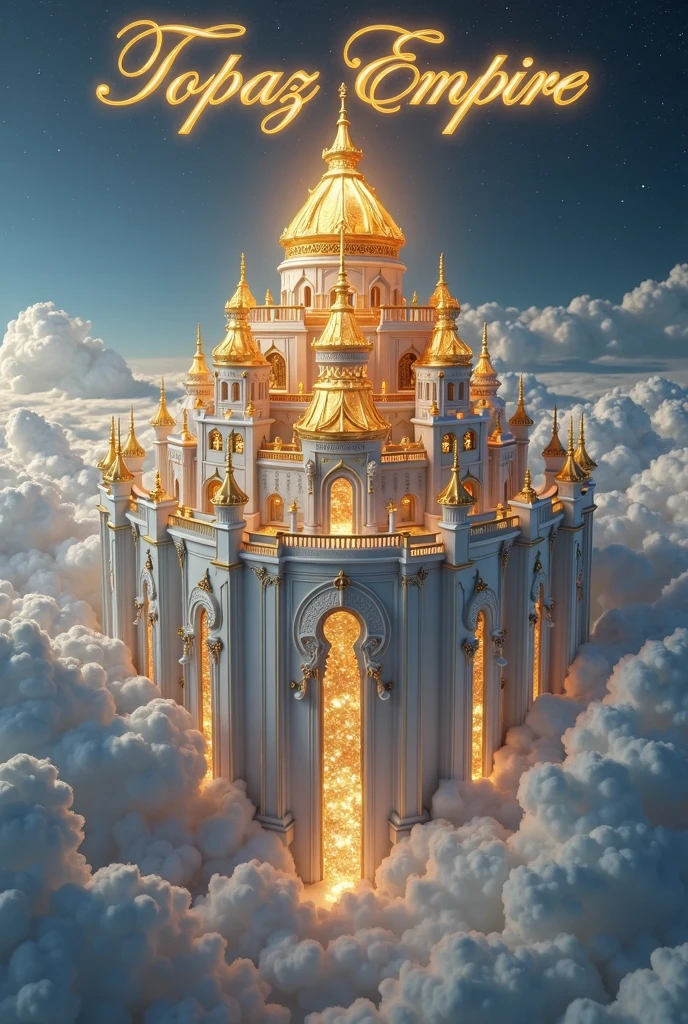 To visualize your concept of the "Topaz Empire," imagine a grand palace soaring high above the clouds, its architecture a blend of majestic towers and sprawling terraces. The palace is constructed from shimmering white marble, adorned with intricate golden accents that catch the light.
At the pinnacle of this magnificent structure sits a colossal yellow topaz, radiating a warm, golden glow that illuminates the entire palace and casts a soft light over the kingdoms below. The walls of the palace are embedded with smaller yellow topaz gems, creating a dazzling effect as they reflect the light from the central gem.
Surrounding the palace, fluffy white clouds drift lazily, while below, various kingdoms and landscapes stretch out, each distinct in its own beauty. The contrast between the vibrant palace and the diverse terrains below emphasizes the grandeur of the Topaz Empire.
In the sky above the palace, the words "Topaz Empire" are elegantly scripted in a bold, shimmering font, glowing softly in the light of the topaz, making it a beacon of power and majesty.
This 3D representation captures the essence of a fantastical realm where the Topaz Empire reigns supreme, a symbol of luxury and brilliance.Its a night image . Make the skies black
Generate such a image