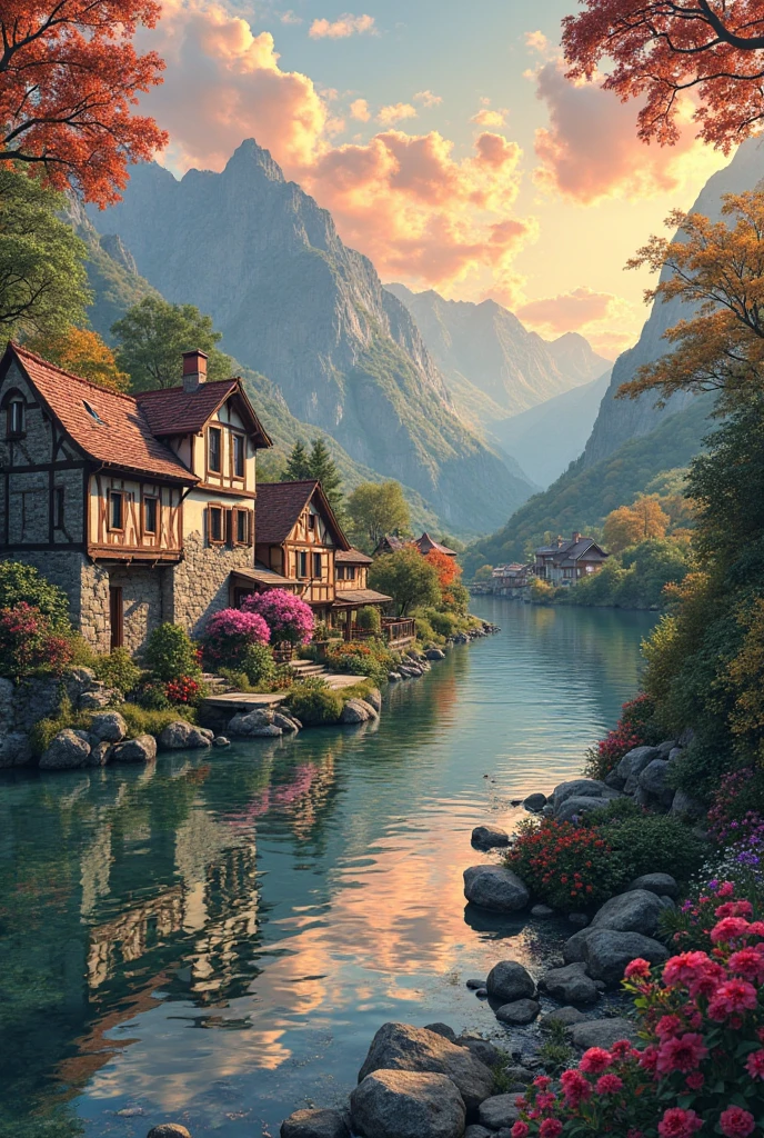 a small village by the river, mountains in the background, floral flowers colorful, detailed landscape, Beautiful natural landscapes, atmospheric lighting, scorching sunset, warm colours, practical, photopractical, Detailed Foliage, complex buildings, cobblestone street, Charming country house, swirly vibrant colors, lush vegetation, Still water reflections, Picturesque, idyllic, work of art, best qualityer, 8k, extremely detaild,anime styling