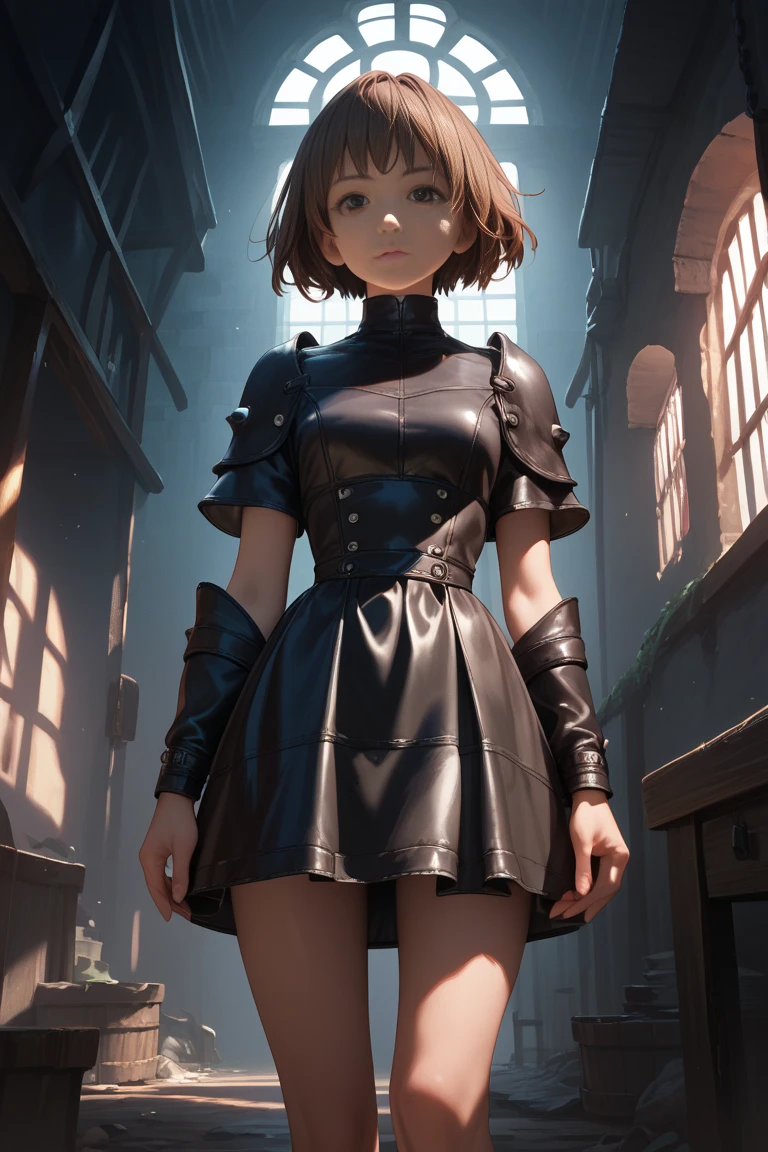 anime, illustration, dark dungeon, perfect quality, 1 woman, detailed face, detailed fingers, brown hair, short hair, leather armor, armored skirt, standing, fullbody shot