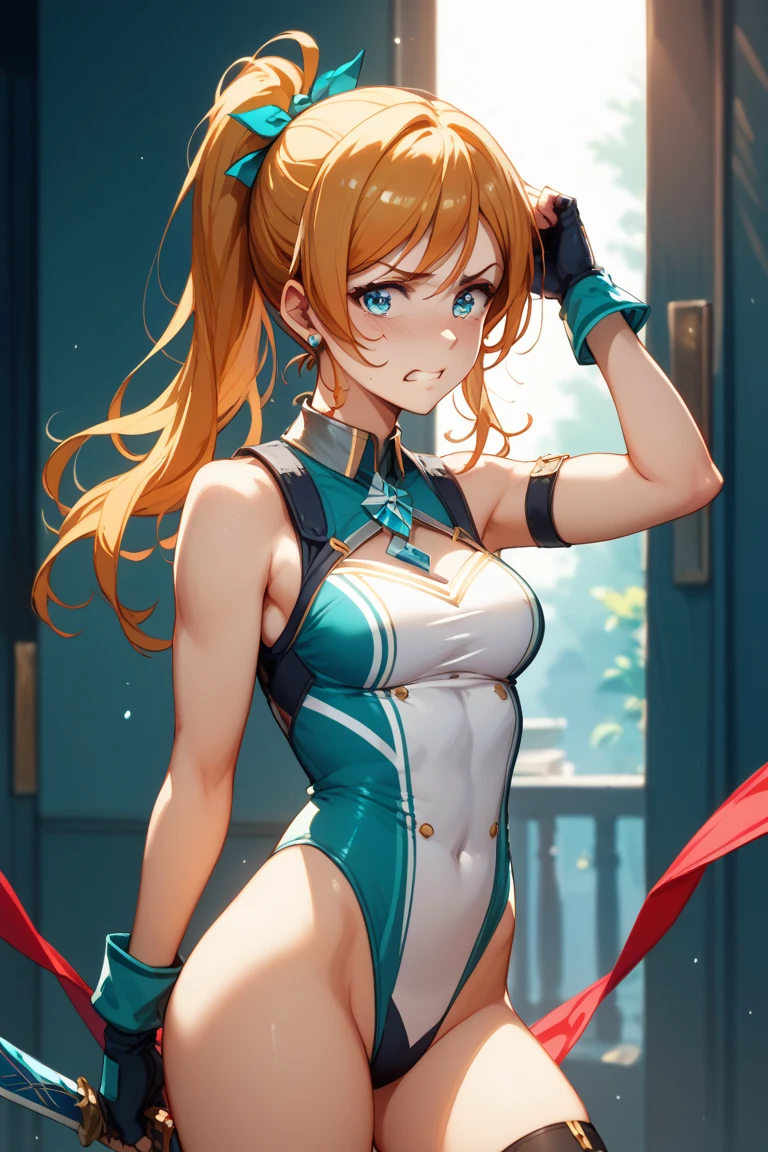 top-quality、Full limbs、complete fingers、Slender beauty、1人の女性、((orange hair woman))、Woman in a ponytail、Beauty busty woman、((Orange competitive swimsuit))、((Brown pantyhose))、A big smile、((Love))、inside in room、Be　Heads
