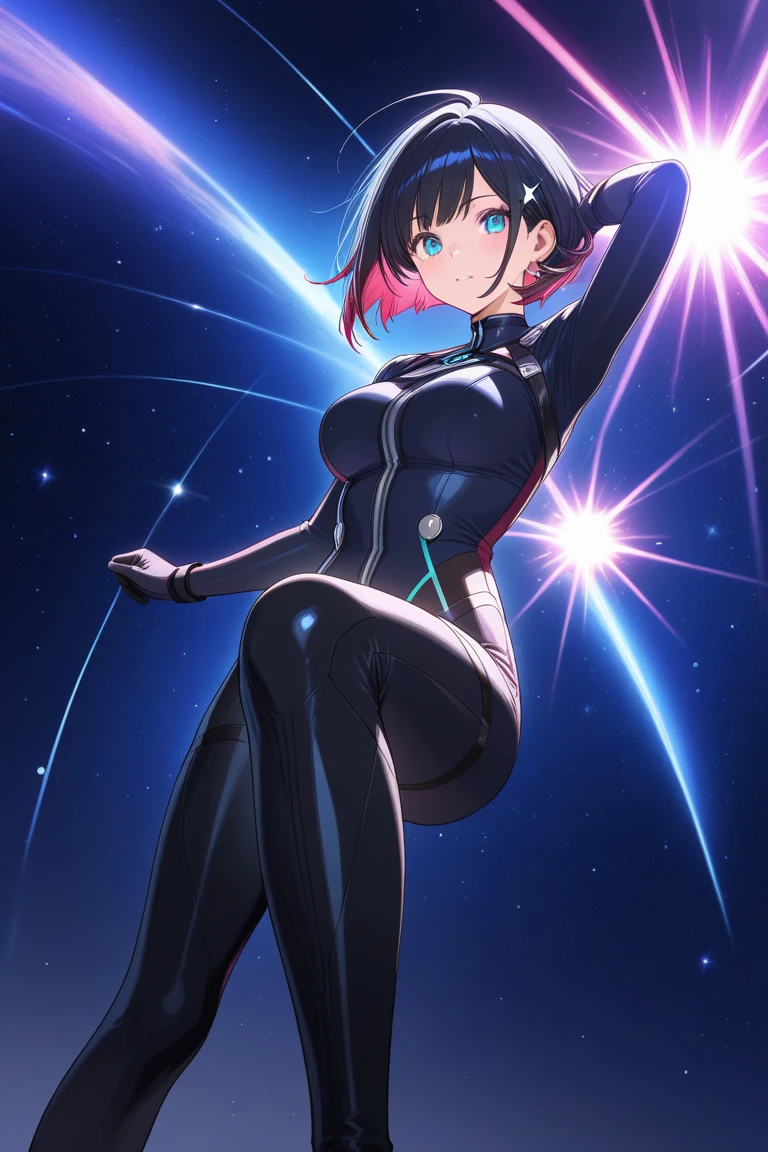 masterpiece, best quality, highres, 1girl, solo, superhero, leotard, bare legs, boots, matching boots, aura, blue aura, sleeveless, gloves, bracelets, matching gloves, looking at viewer, light particles, city backdrop, perfect hands, perfect eyes, powering up, perfect leotard, perfect legs, perfect arms,