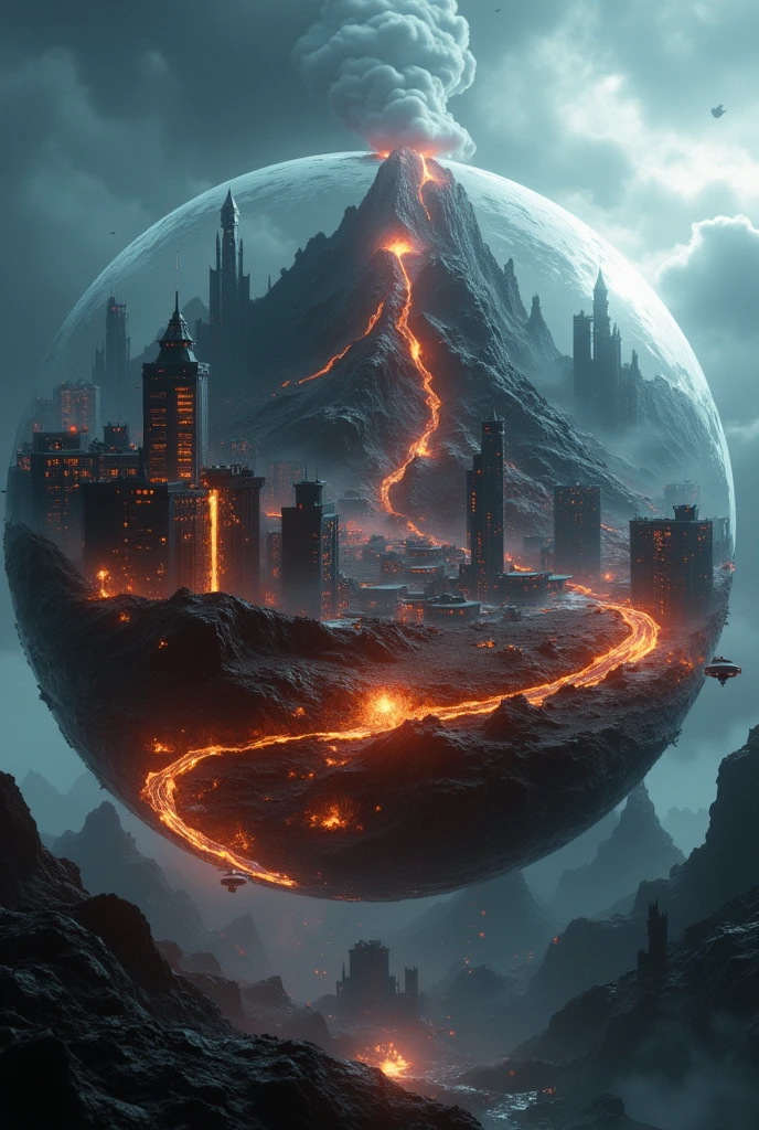 The elements of volcanoes and the world of futuristic cities are in a sphere