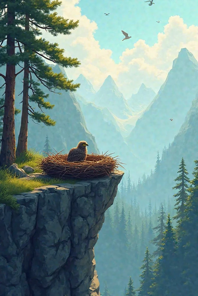 A wide cinematic cartoon-style shot of a peaceful eagle nest placed high on a rocky cliff ledge, surrounded by tall pine trees and misty mountains in the distance. A small, fluffy eaglet sits quietly in the nest, looking curiously around. The lighting is soft and morning-like, with gentle sunrays piercing through the clouds. The environment feels serene, birds fly gently in the background, and the forest stretches far below. The camera is about 10 meters away, capturing the whole cliff area and surrounding nature.
