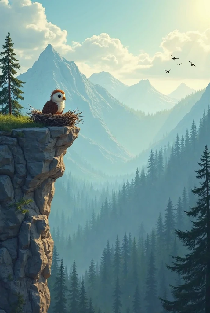 A wide cinematic cartoon-style shot of a peaceful eagle nest placed high on a rocky cliff ledge, surrounded by tall pine trees and misty mountains in the distance. A small, fluffy eaglet sits quietly in the nest, looking curiously around. The lighting is soft and morning-like, with gentle sunrays piercing through the clouds. The environment feels serene, birds fly gently in the background, and the forest stretches far below. The camera is about 10 meters away, capturing the whole cliff area and surrounding nature.