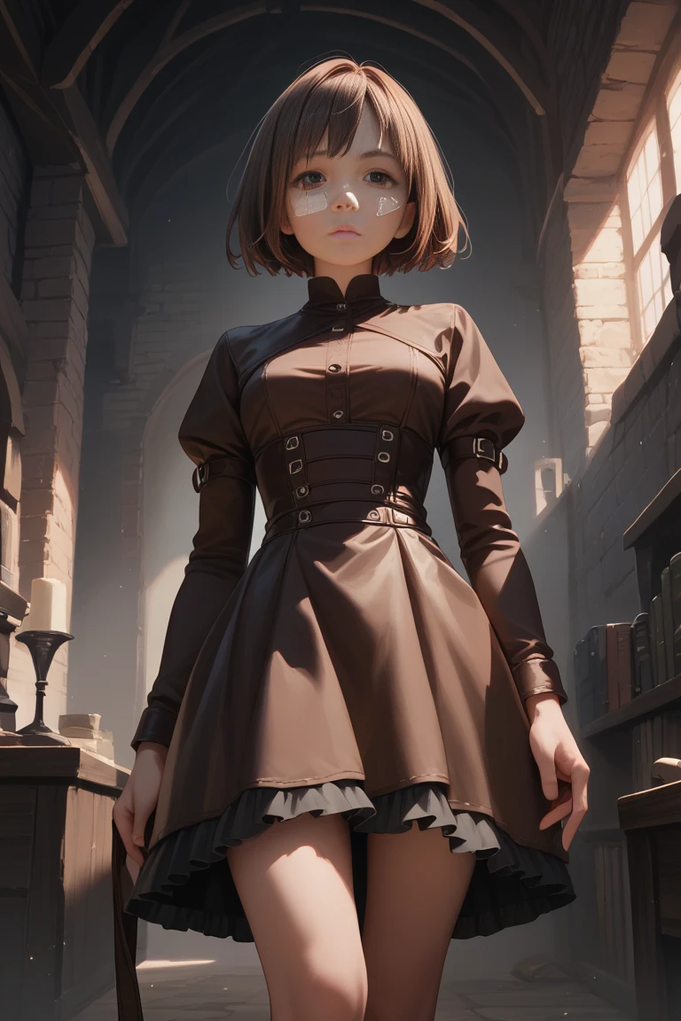 anime, illustration, dark dungeon, perfect quality, 1 woman, detailed face, detailed fingers, brown hair, short hair, brown leather, armored skirt, standing, fullbody shot