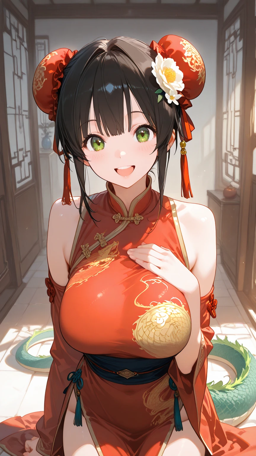 masterpiece, best quality, 8k, hires, detailed, 1girl, mature,detailed skin texture,black hair,long hair,pony tail,huge breast, half body, detailed face, cute face, young face, pure face,detailed red chinese dress,dragon pattern,sexy deep side slit,short length, (green shenron in the background:1.3),happy new year,