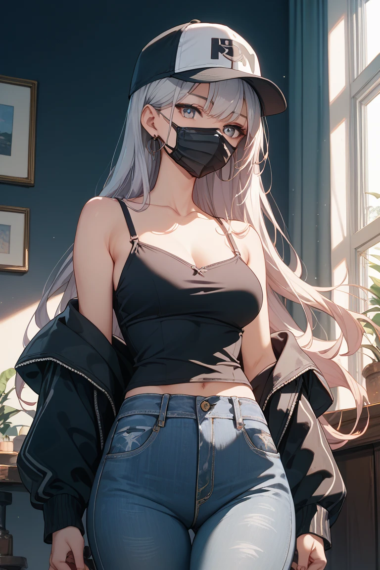 Ultra high quality，8K，Girls do not show their breasts，High cold wind，mouth mask，red lip，The head proportions are perfect，silverlong hair，With baseball cap，Letter T-shirt，Denim pants，Swan neck，and the sun is shining，necklace of diamonds，The body is well-proportioned，The color of the clothing is bright, high saturation and，High detail depiction，cyperpunk