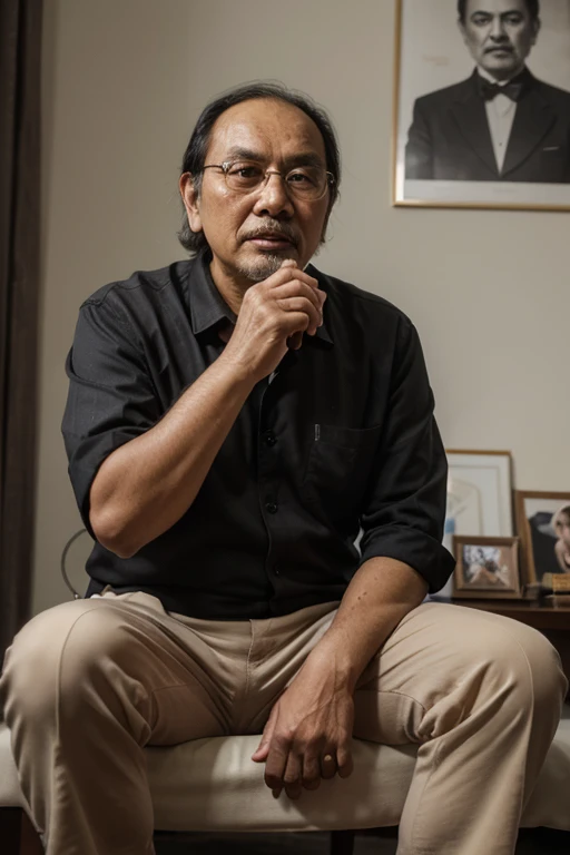 studio photo of father wearing light blue batik sitting on a chair, black pants. shiny black shoes dark background.