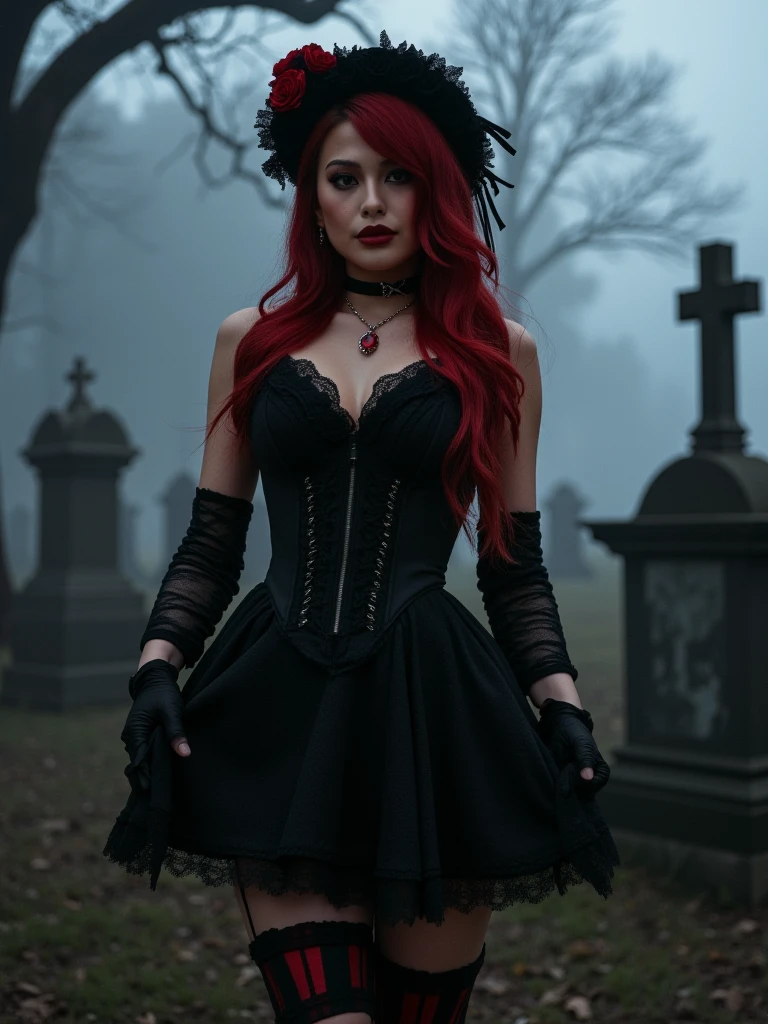 (medium full shot) of (haunting emo girl) young woman, voluptuous build, medium brown side-swept bangs hair, spanish, tan skin, jade green eyes, wearing a blood red midi dress with lace accents , platform shoes, black lipstick, smoky eyeshadow, heavy eyeliner, fingerless gloves dark woolen hat, set in an ancient cemetery, with moss-covered tombstones, crumbling crypts, eerie statues, ghostly ambiance, at night, woman smiling, detailed face, ,Masterpiece,best quality, photo, realistic, very aesthetic