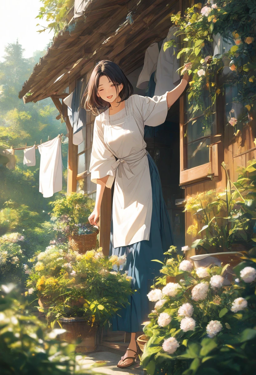 A beautiful Japanese woman in her 30s hanging out laundry in her garden