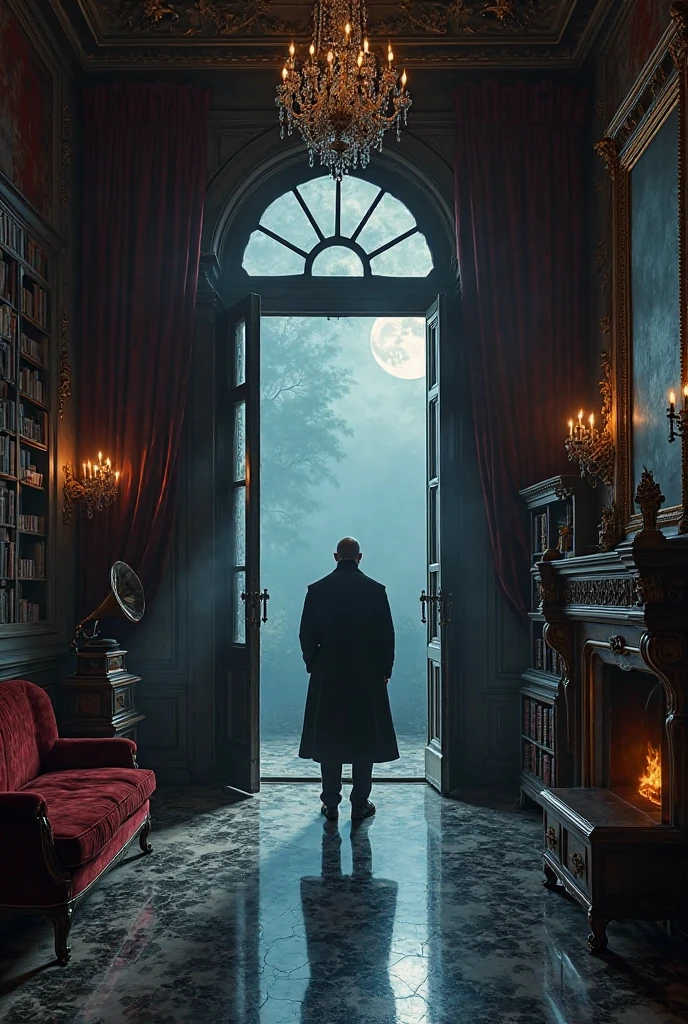 "A grand, luxurious room bathed in a dark, moody atmosphere, with a tall arched door slowly closing behind a mysterious man who has just entered. The room features high ceilings with detailed crown molding, velvet curtains partially drawn over massive windows, and a large crystal chandelier hanging above. Moonlight seeps through the windows, casting dramatic shadows across the polished marble floor. Ornate furniture, including a deep crimson velvet sofa, an antique bookshelf filled with old leather-bound books, and a golden-framed mirror, decorate the space. A vintage gramophone sits on a side table, and a fireplace with a low, flickering flame adds a subtle orange glow. The man stands near the entrance, his silhouette highlighted by the moonlight, his coat still fluttering slightly as if from movement. The overall vibe is elegant, mysterious, and cinematic."
