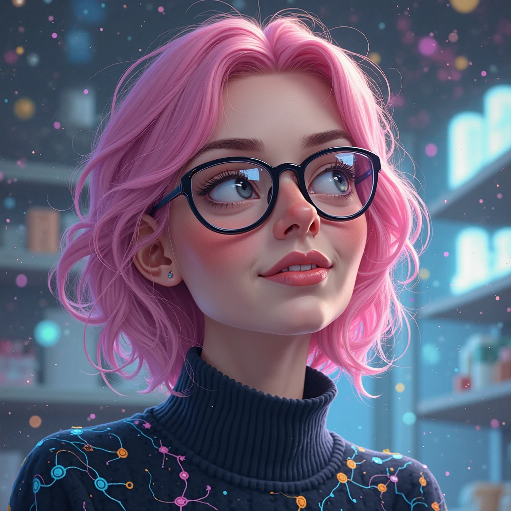 Portrait of a female scientist with glasses, but with a vibrant style: for example, rose quartz hair (a hint of neuroplasticity), neuron sweater, background — a hybrid between lab and surreal space. Style: realism, feels like a real one. Wrinkles and everything human beings have are visible.  Facial expression — between thoughtfulness and a playful smirk