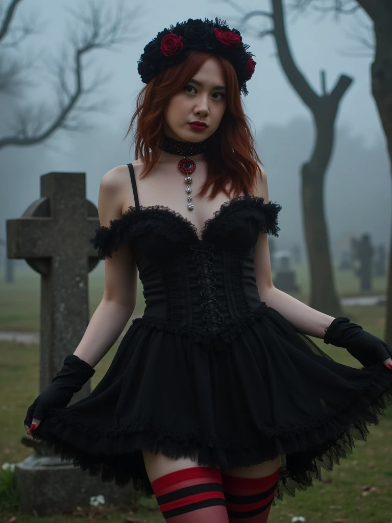 (medium full shot) of (vivacious gothic maiden) young woman, british, tan skin, light Blue eyes, lithe build, long red messy bun hair, wearing Gothic maiden outfit with a black ruffled dress, striped stockings, platform Mary Janes, Dark crimson lipstick, dramatic red and black eyeshadow, thick eyeliner, pale skin, dark nail polish with red accents, set in ancient cemetery, Gravesite Cluster, Cluster of moss-covered headstones nestled among gnarled trees, worn stone benches scattered around, wildflowers blooming between graves, a quiet, solemn atmosphere enveloping the area , at night, woman laughing, jumping in the air, Masterpiece,best quality, photo, realistic, very aesthetic, detailed face,