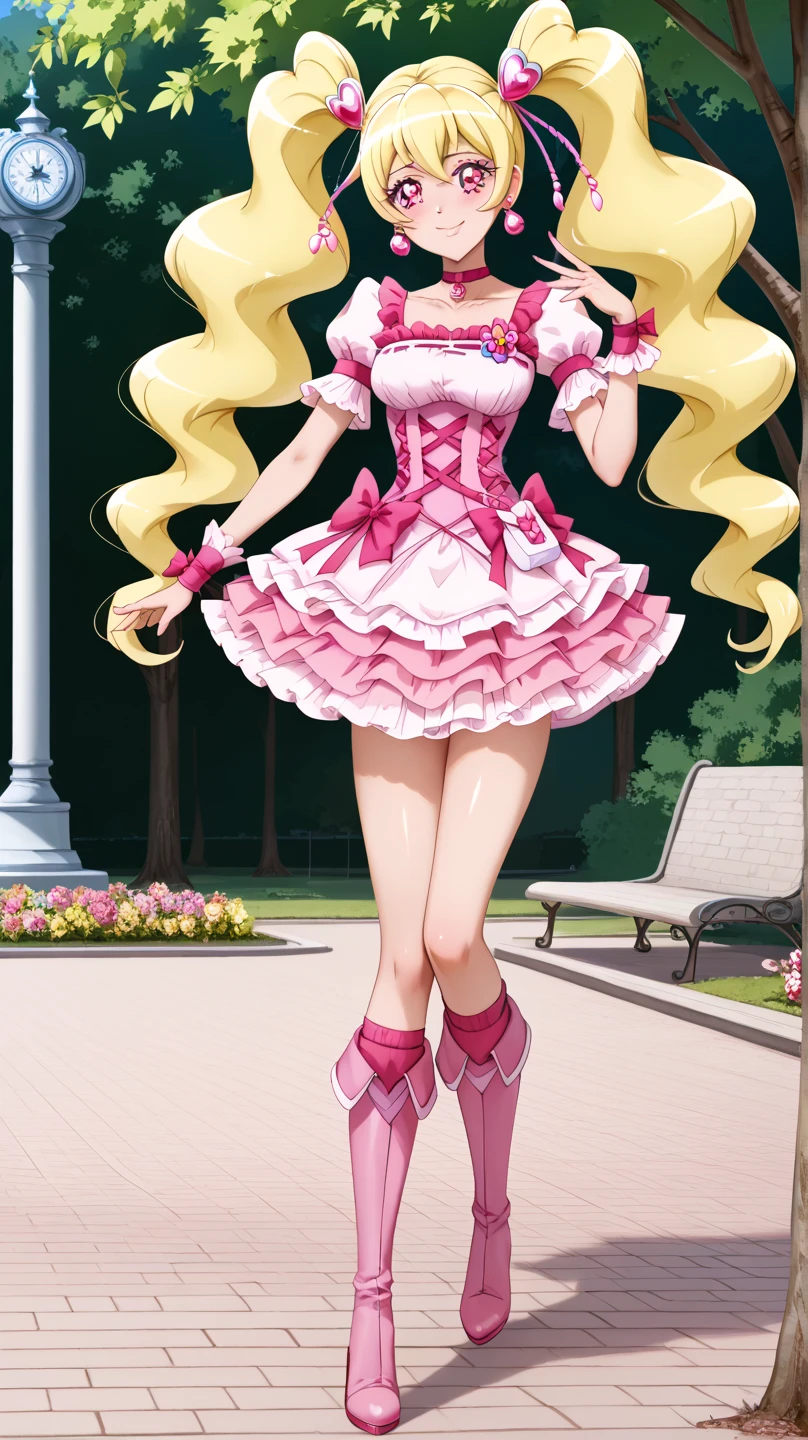 helga, solo, 1girl, blonde hair, floating hair, black eyes, twintails, monobrow, hair bow, pink dress, smile, sneakers,looking at viewer, hand on hip, simple background, standing, teeth, upskirt view, panties reviews, skirt lift, wet legs 