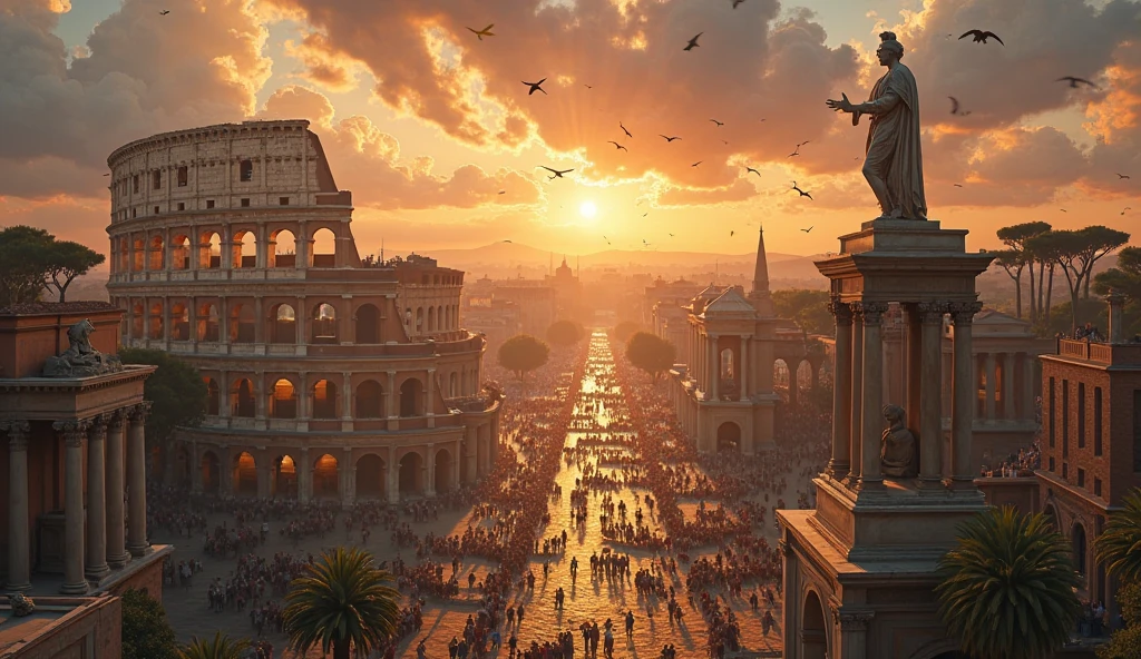 A breathtaking wide view of ancient Rome at sunset—its marble temples, grand statues, aqueducts, and the mighty Colosseum glowing in golden light. Citizens celebrate in the streets, and banners fly high. But beneath the beauty, deep cracks run through the foundations of buildings, unseen by the revelers. A massive statue of a Roman god stands tall, but a fracture spreads through its chest. In the sky above, storm clouds begin to gather, casting long shadows over parts of the city. A symbolic illusion: strength and glory on the surface, hidden decay beneath. Rich textures, cinematic lighting, high contrast between light and shadow, Renaissance oil painting style with modern realism, 8K resolution