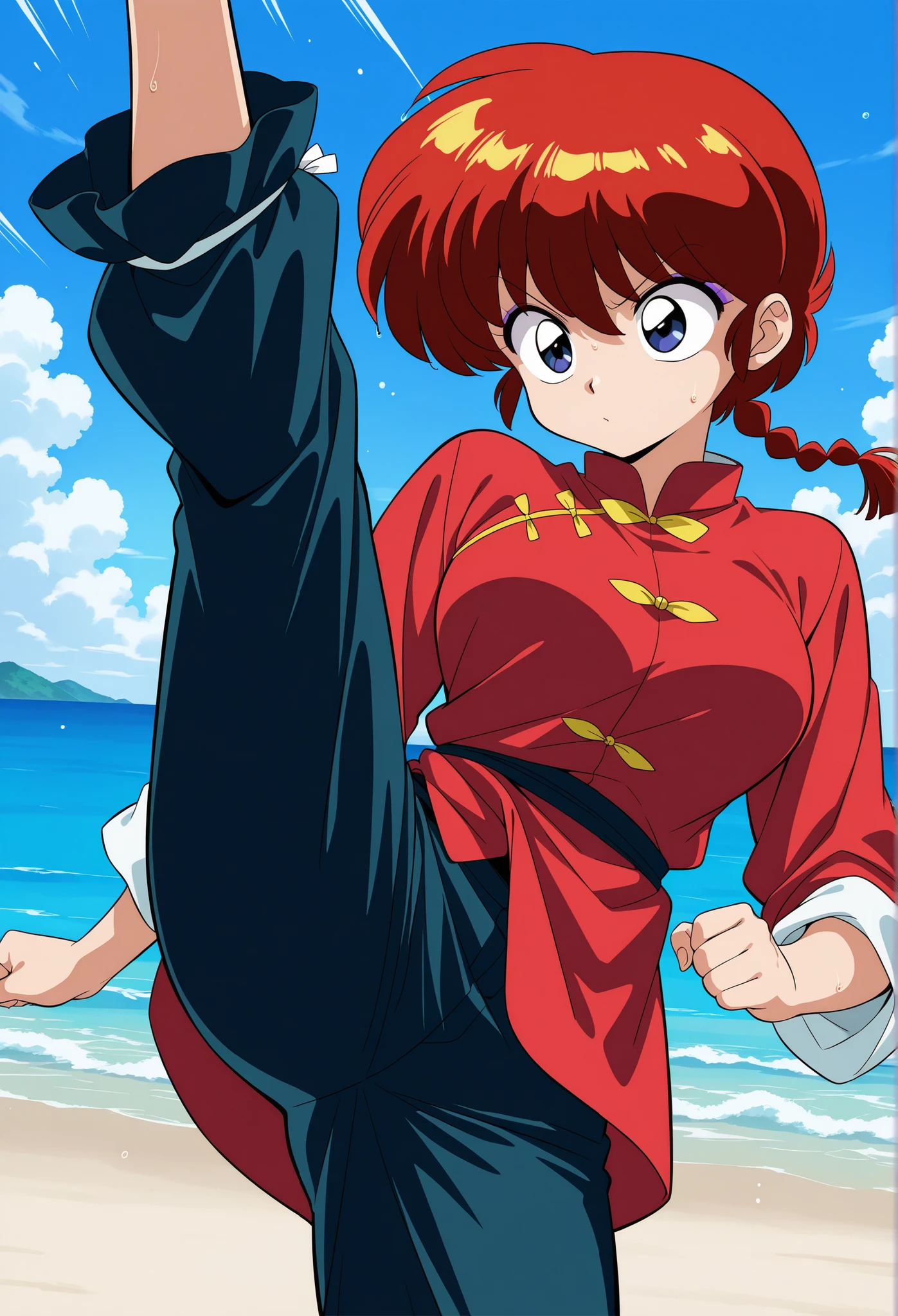 、score_9, score_8_up, score_7_up, score_6_up, score_5_up, score_4_up, digital illustration , solo, upper body, anime style 、masterpiece, top quality, great quality, high resolution, absair dress, Very Aesthetic, high resolution, Super Detail, perfect detail, official art, No posts, Retro Style, I'm looking at another, 1 girl, beautiful, solo, wet, Ranma \(Ranma style)\, red hair, single blade, dark eyes, big eyes, anger, strand, blue sky,purple eyeliner、 sandy beach、masterpiece 、 top quality 、 newest 、 absurd 、 high resolution 、 detailed eyes 、 beautiful 、 detailed background 、 perfect eyes 、 ANIME COLORING 、Chinese clothes 、 red shirt 、 (rolled up the sleeves:1 . 3) 、 black pants 、 one knee raise , Knee kick, Side Kick