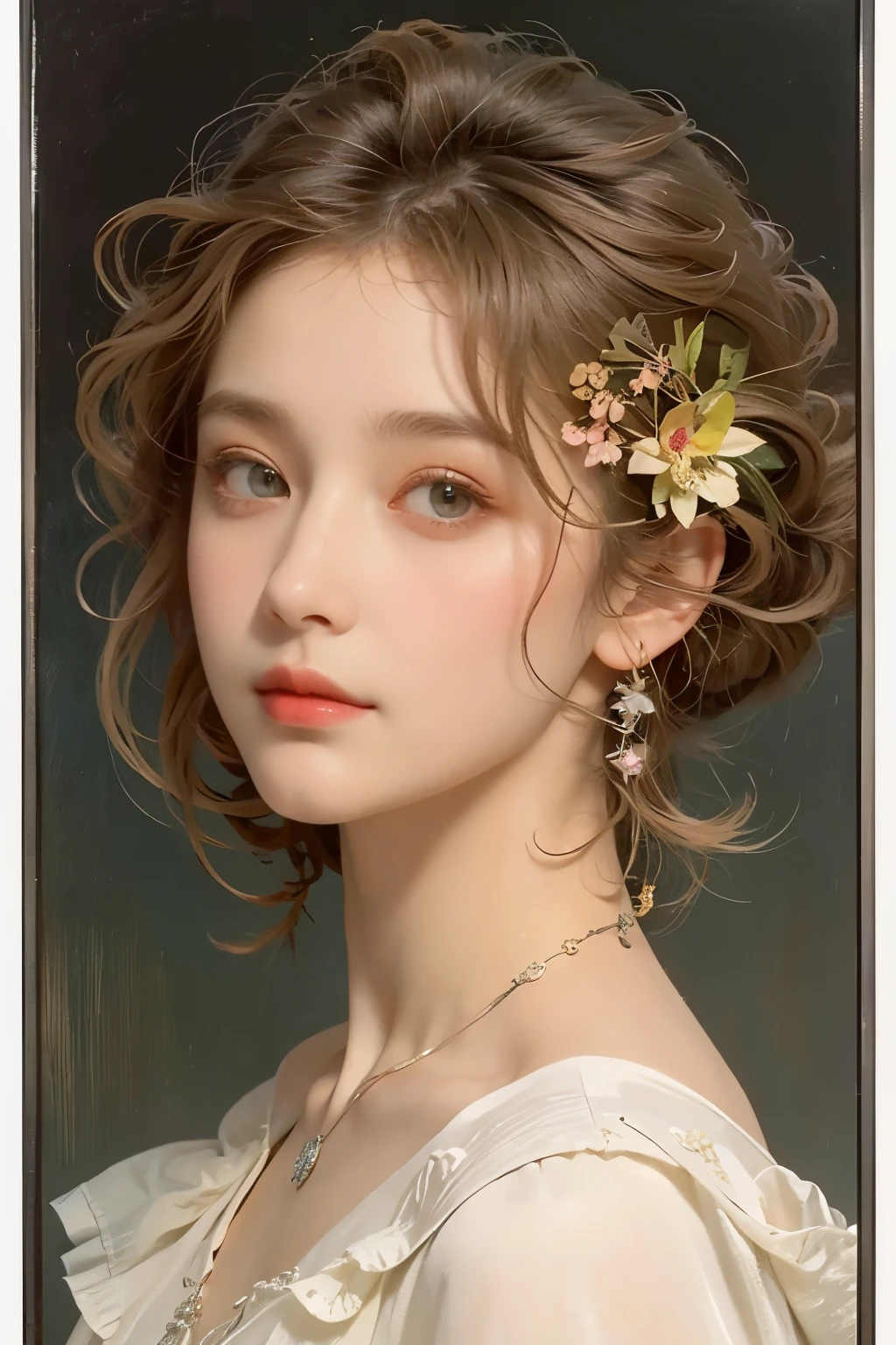(An exquisite oil painting of a beautiful woman), rough touch, focus on the face, (a calm, gentle and bright small smile), ((almost straight medium-long silver-gray blonde hair)), (close-up), shiny skin, glossy lips, (casual pastel spring outfit), (smart figure), small necklace, soft spring sunlight, small spring flowers of various colours, young leaves on the tree, impressive portrait, use of contour lines, clean line drawing, fine and precise details, bright primary colours used partially as accents, fine and precise details, muted colours, impressionist style, floral frame, Art Nouveau style frame, Art Nouveau style decoration, floral decorative frame, stress-free mixed media masterpiece, (Alphonse Mucha style composition), Amazing!, Beautiful!, wonderful!,