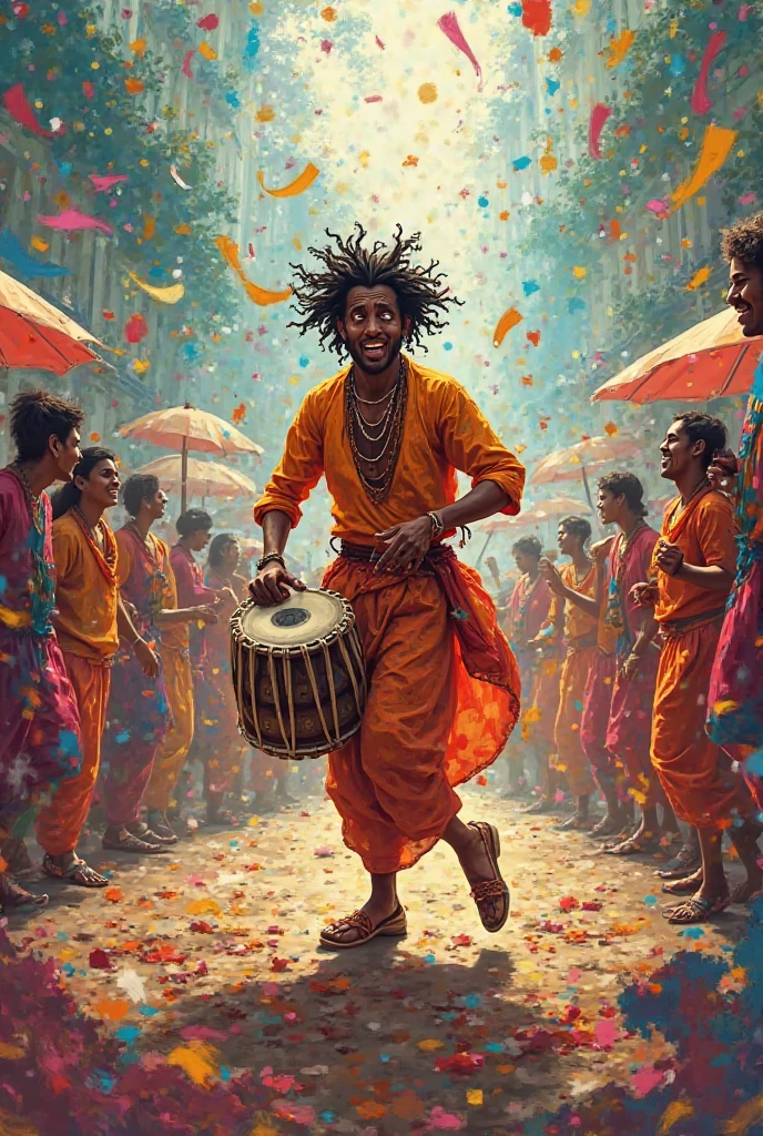 Create a picture from this bengali script below. Put  the script in writing below the picture in good colourful fonts 

“আয়রে পাগল আবোল তাবোল 
     মত্ত মাদল বাজিয়ে আয়  !!”