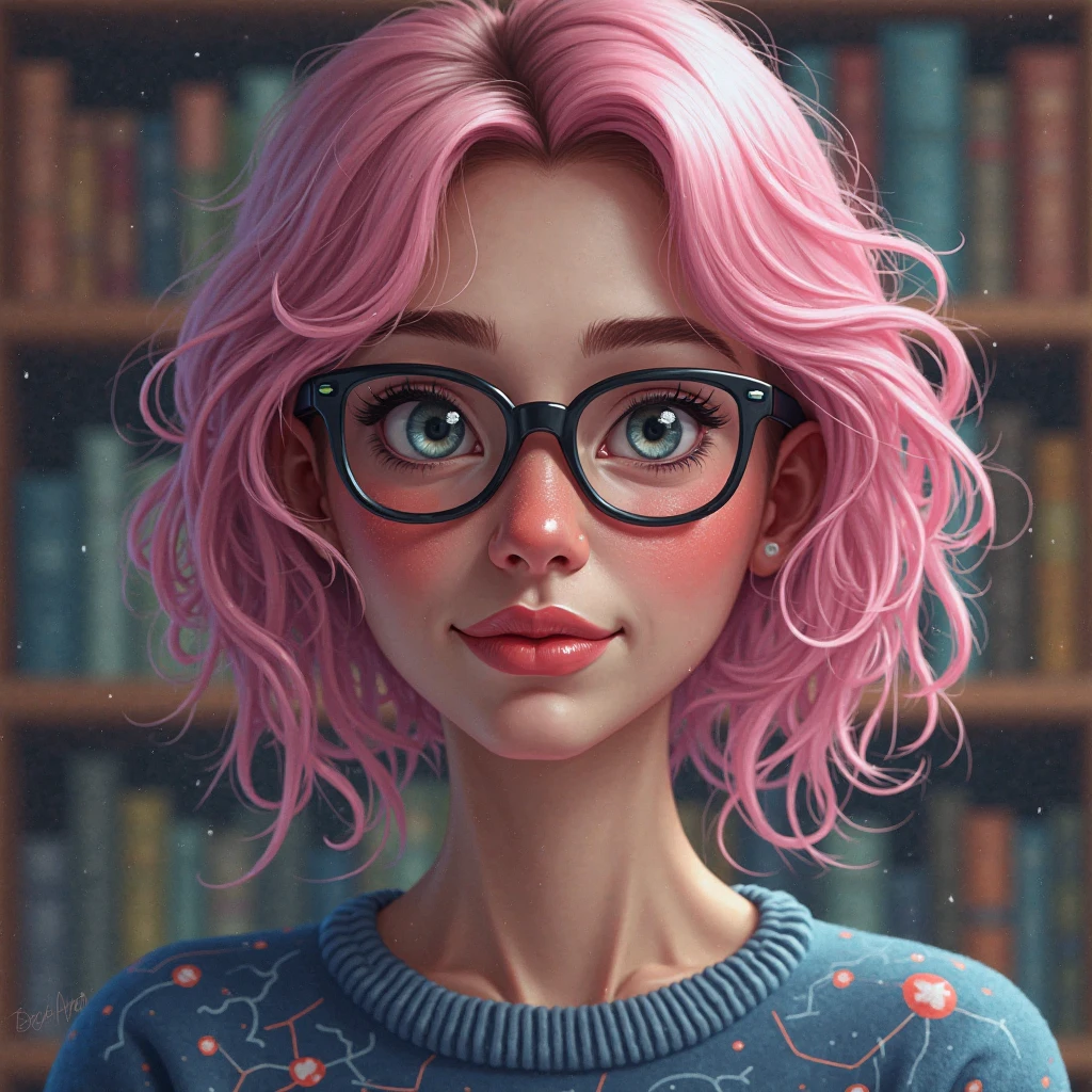 Portrait of a female scientist with glasses, but with a vibrant style: for example, rose quartz hair (a hint of neuroplasticity), neuron sweater, background — a hybrid between lab and surreal space. Style: realism, feels like a real one. Wrinkles and everything human beings have are visible.  Facial expression — between thoughtfulness and a playful smirk. Library in the background. 