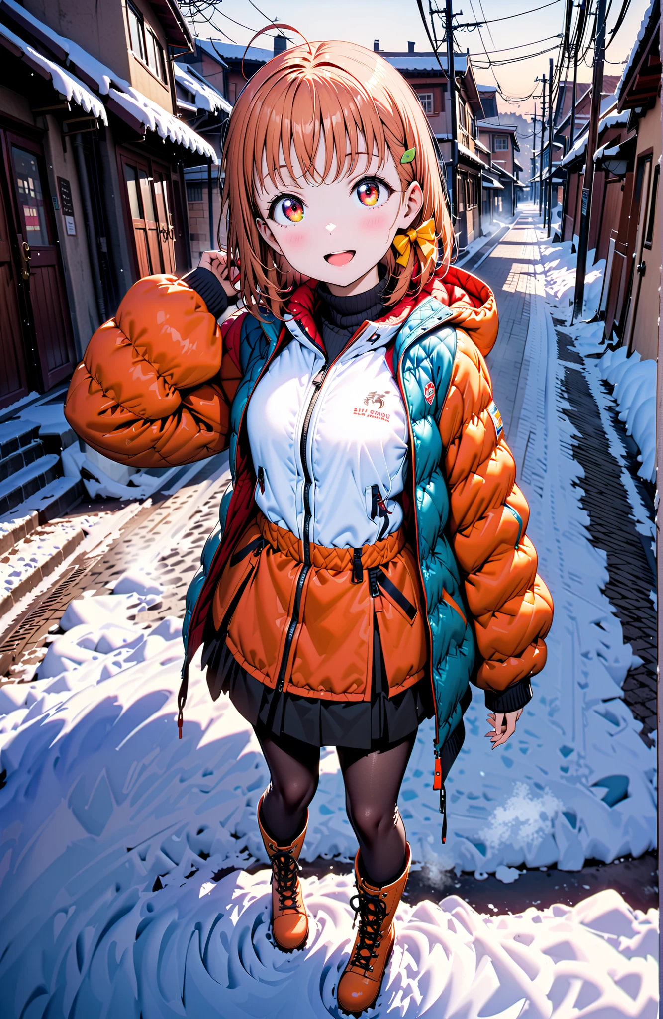 Takami Chika, short hair, Hair Ornament, Red Eyes, stupid hair, smile,blush,open your mouth,half up do,glasses,down jacket with hood,Light blue scarf,turtleneck sweater,orange skirt,boots,snow,winter, Beautiful Streetscapes,evening,is standing,full bodyがイラストに入るように,break outdoors, residential area,
break looking at viewer,full body,
break (masterpiece:1.2),top quality ,Kampala,unity 8k 壁紙,(shape:0.8),( fine, beautiful eyes :1.6),It's a person ,full body写真,CG Details , (perfect hand,Complete Anatomy),