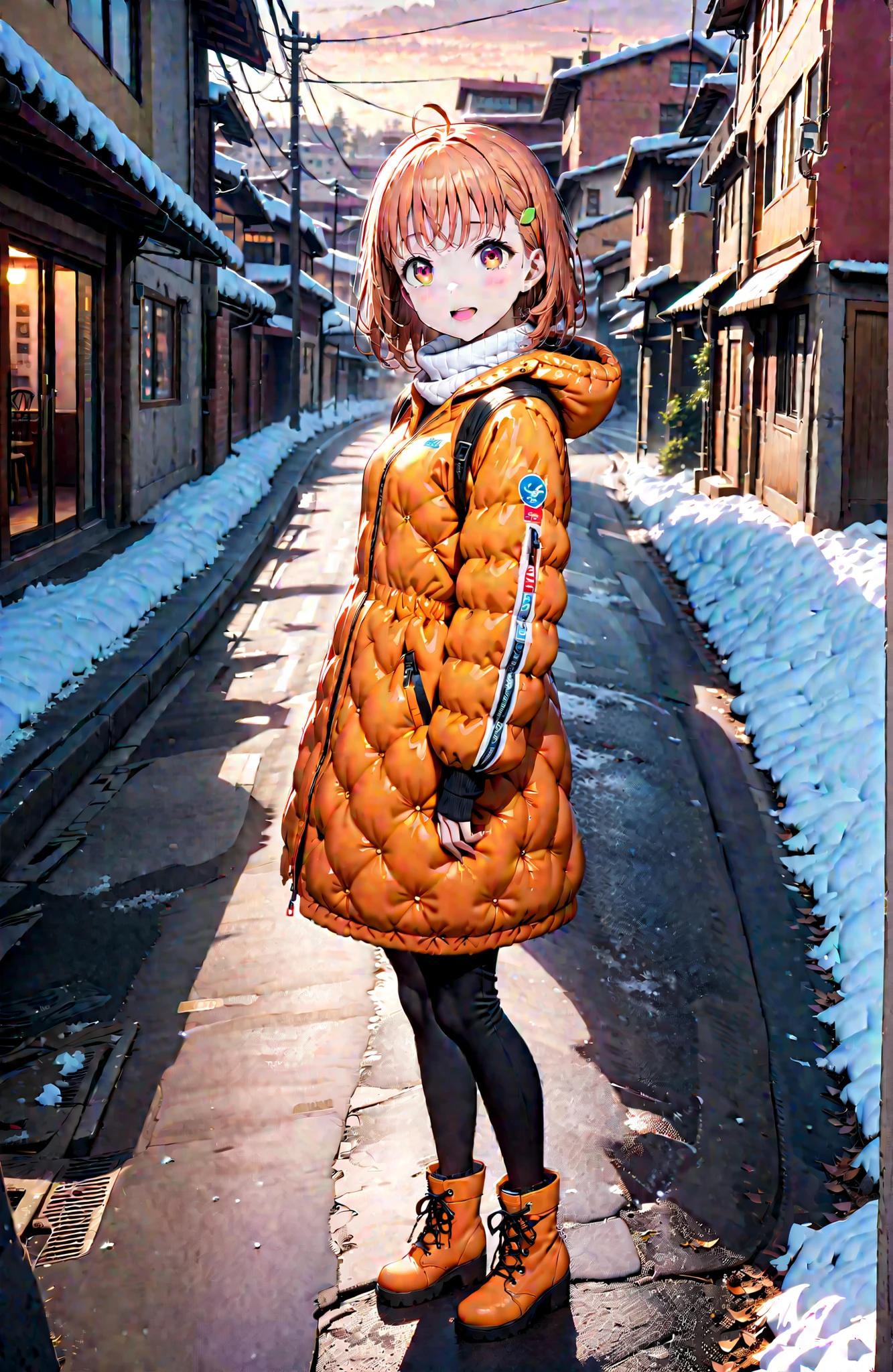 Takami Chika, short hair, Hair Ornament, Red Eyes, stupid hair, smile,blush,open your mouth,half up do,glasses,down jacket with hood,Light blue scarf,turtleneck sweater,orange skirt,boots,snow,winter, Beautiful Streetscapes,evening,is standing,full bodyがイラストに入るように,break outdoors, residential area,
break looking at viewer,full body,
break (masterpiece:1.2),top quality ,Kampala,unity 8k 壁紙,(shape:0.8),( fine, beautiful eyes :1.6),It's a person ,full body写真,CG Details , (perfect hand,Complete Anatomy),
