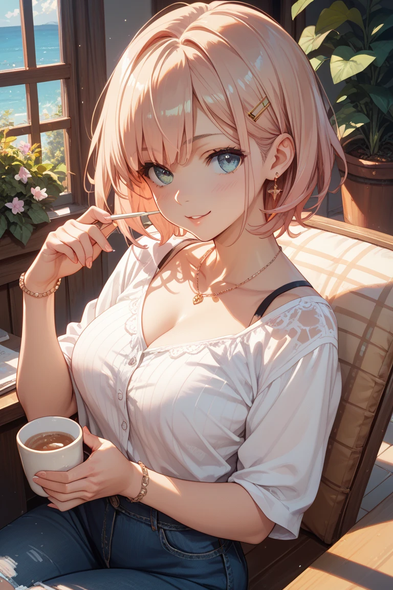 masterpiece, absurdres, best quality, ultra detailed, high Resolution, detailed illustration, bright colour, (extremely beautiful detailed face and eyes, Delicate beautiful face, 1 girl, cute face:1.3), (magenta eyes:1.1), sparkling eyes, big eyes, medium breasts, (perky breasts:1.1), (pointy breasts:1.1), medium hips, glamorous body, white skin, BREAK, long bob cut, (blonde hair:0.8), messy hair, detailed hair, shiny hair, BREAK (undressed:1.5), (cafe, SEX:1.3), perfect lighting, (embarrassed:1.5), (ecstasy, vulgarity:1.5), (trembling:0.8), waitress, 