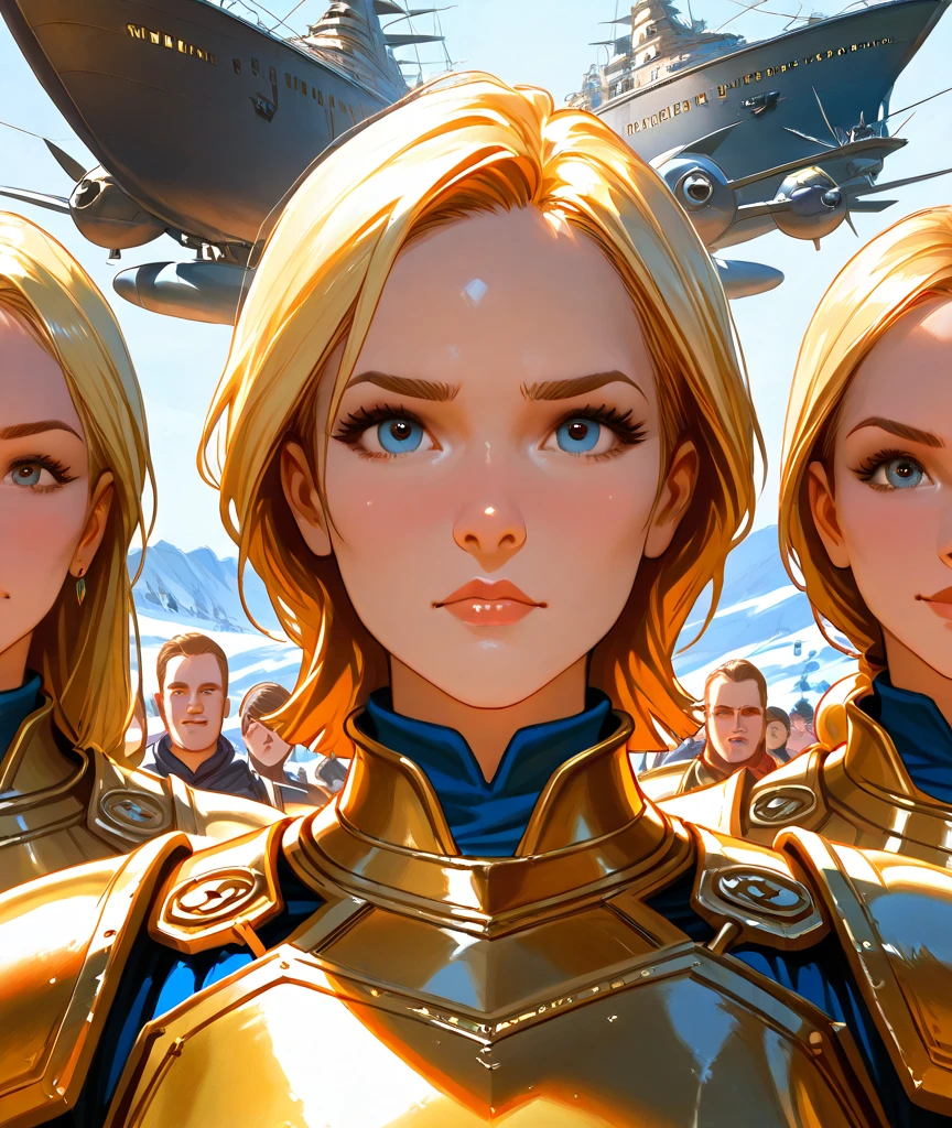 a woman in a futuristic dress stands in front of a group of people, large dieselpunk airships, Dribble,  inspired by Jill Elgren , female paladin, inspired by Mark Brooks, [ vesicles, Portrait of Helen of Troy, SKI - FI : :, golden armor  