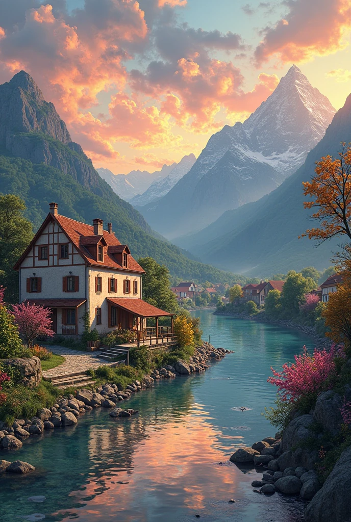 a small village by the river, mountains in the background, floral flowers colorful, detailed landscape, Beautiful natural landscapes, atmospheric lighting, scorching sunset, warm colours, practical, photopractical, Detailed Foliage, complex buildings, cobblestone street, Charming country house, swirly vibrant colors, lush vegetation, Still water reflections, Picturesque, idyllic, work of art, best qualityer, 8k, extremely detaild,anime styling