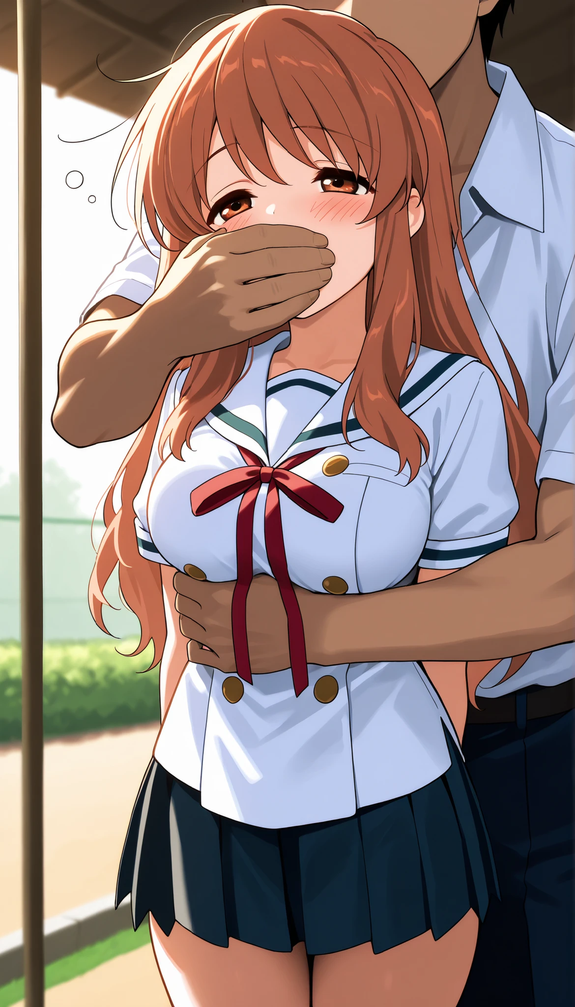 masterpiece, best quality, ultra detailed, highres, 4k, 1girl, score_7_up, score_8_up, score_9, source_anime, high res image, (mikuru asahina), long brown hair, brown eyes, depth of field, medium breasts, short stature, blush, school yard, white sailor uniform top, black pleated miniskirt, sleepy, chcl3, 1boy, grabbing from behind, hand over another's mouth, (cover another's mouth with cloth)