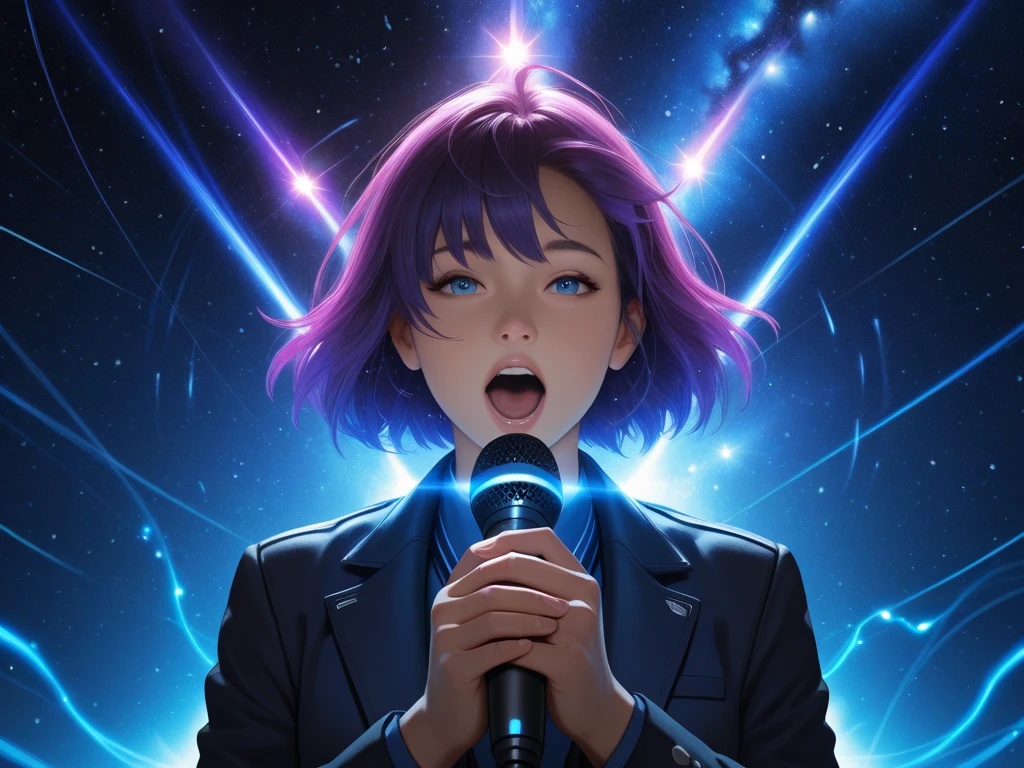 "A full-body cinematic illustration of a realistic young man floating in deep space, singing passionately into a handheld microphone. His face is expressive, mouth open mid-song, and his posture shows emotional performance. He wears a sleek, futuristic outfit with soft glowing accents. The microphone is clearly visible in his hand, glowing sound waves and particles flowing from it into the galaxy. The background is an epic, high-resolution galaxy scene filled with vivid purple and blue nebulae, glowing stars, and cosmic energy. Realistic cinematic lighting reflects off his face and body, with soft shadows. The words 'Galaxion Pulse' are subtly written in glowing star trails behind him. The visual style is ultra-realistic with light stylization, like a music video scene rendered in Unreal Engine — dramatic, inspirational, and perfect as both a thumbnail and a video cover."